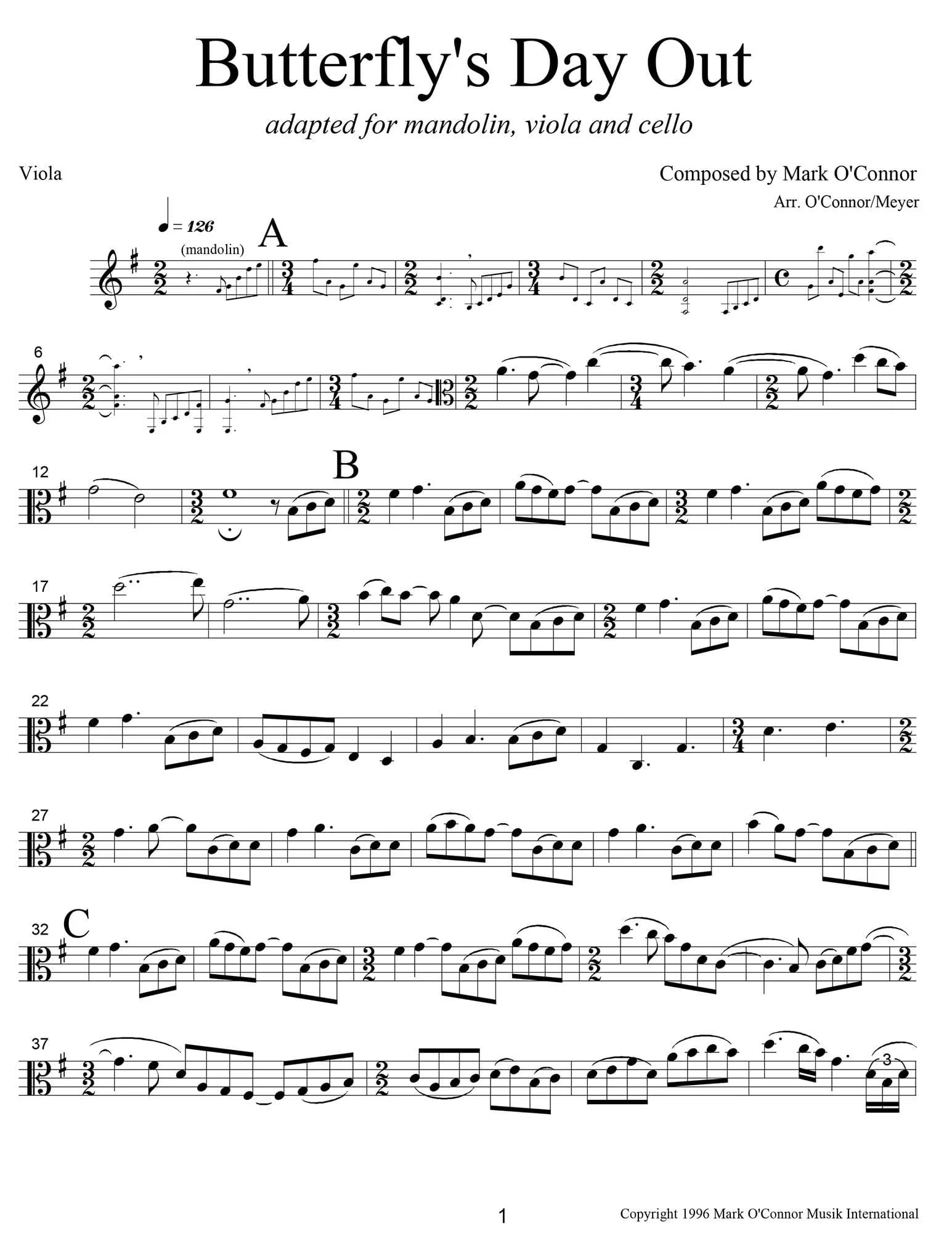 O'Connor, Mark - Butterfly's Day Out for Mandolin, Viola, Cello - Viola - Digital Download - Image 3