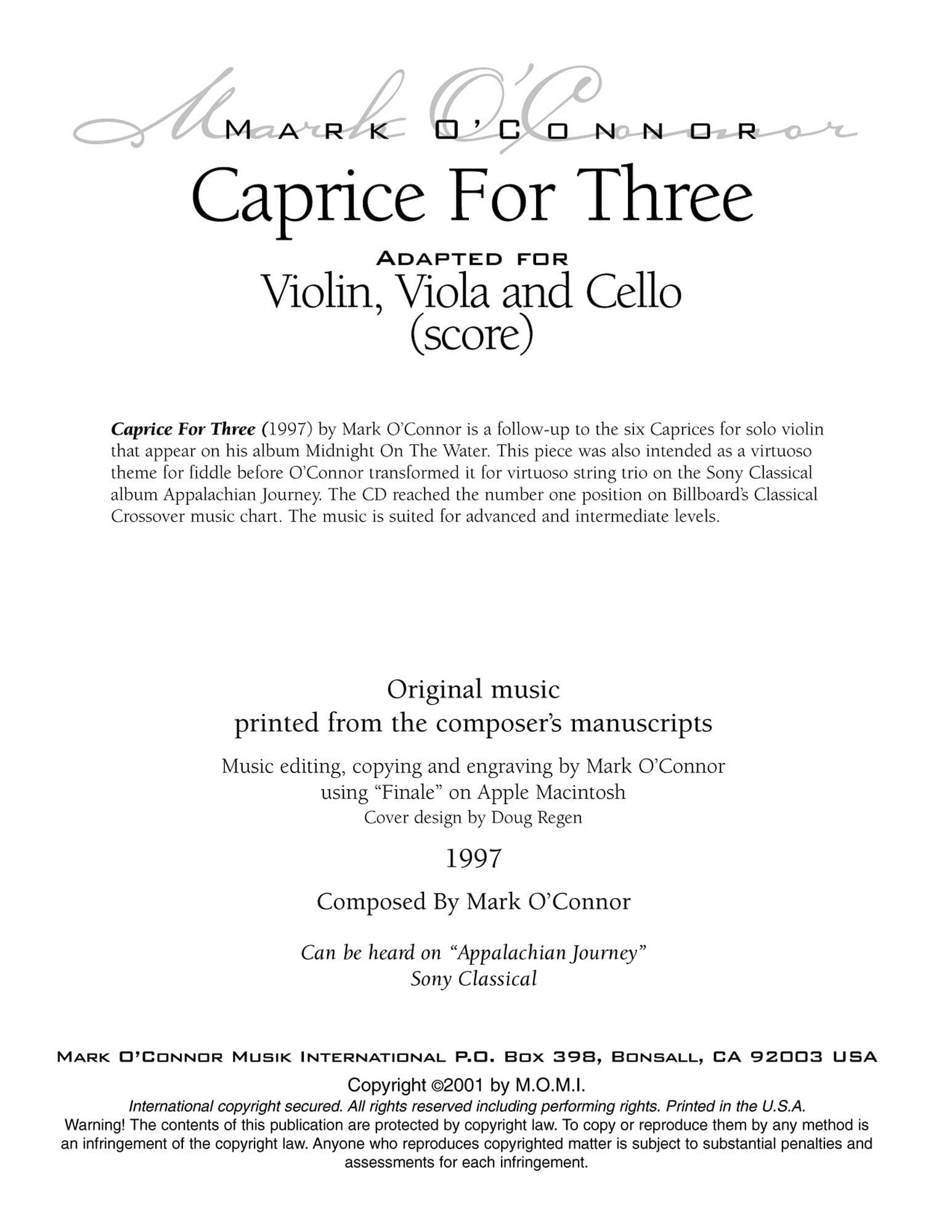 O'Connor, Mark - Caprice for Three for Violin, Viola, and Cello - Score - Digital Download - Image 2