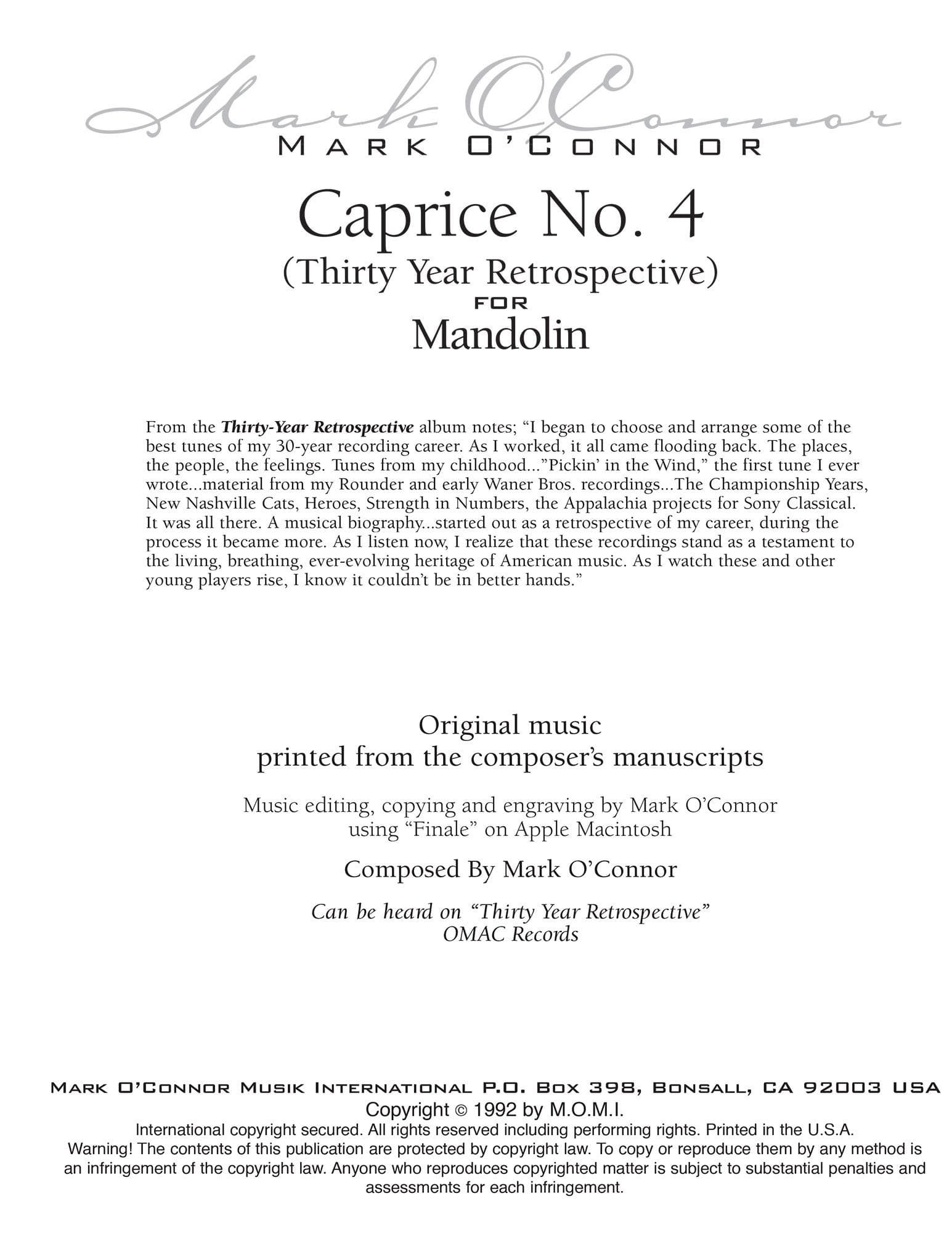 O'Connor, Mark - Caprice No. 4 for Mandolin - Digital Download - Image 2