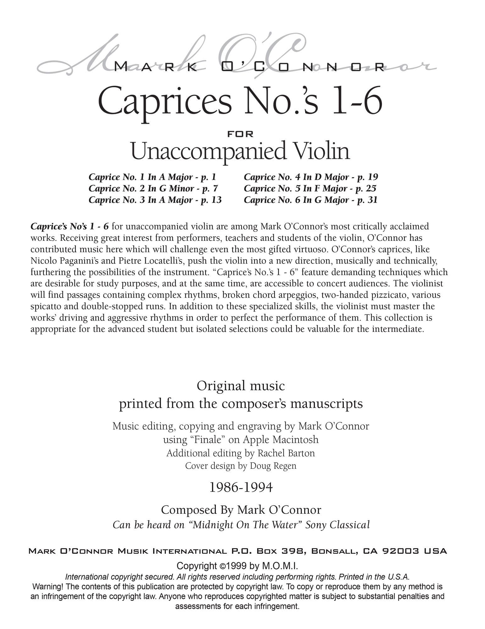 O'Connor, Mark - Caprices No.'s 1-6 for Unaccompanied Violin - Digital Download - Image 2
