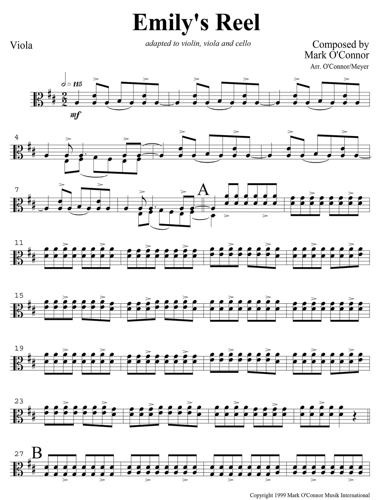 O'Connor, Mark - Emily's Reel for Violin, Viola, and Cello - Viola - Digital Download - Image 3