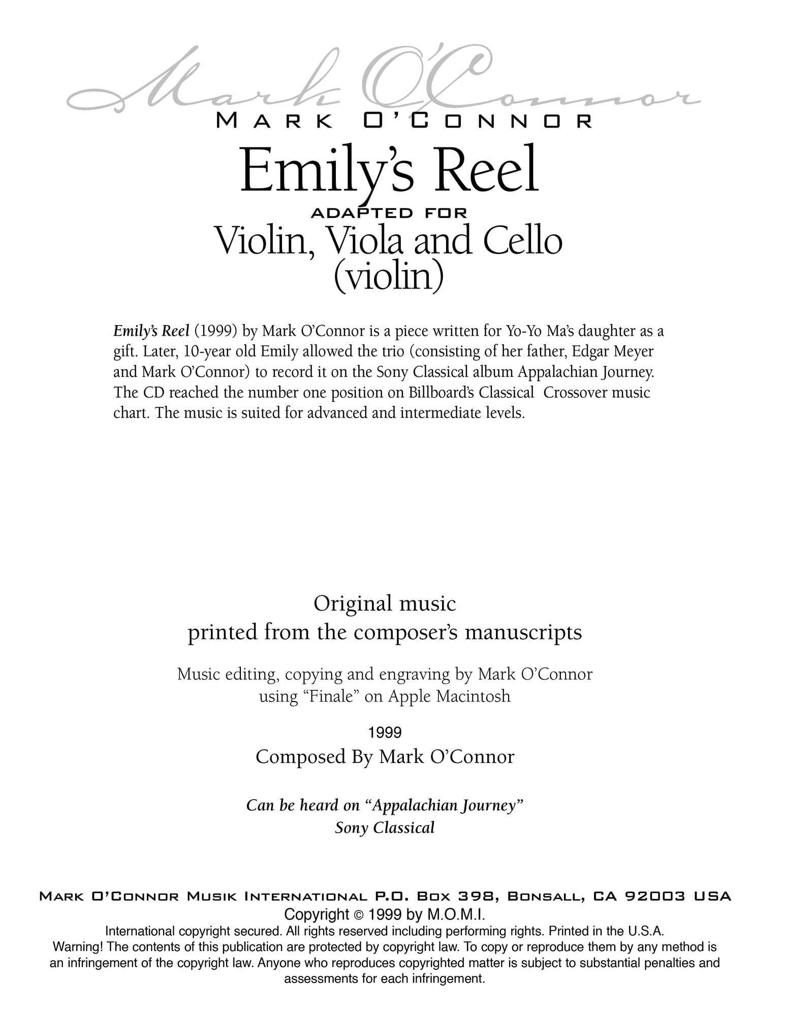 O'Connor, Mark - Emily's Reel for Violin, Viola, and Cello - Violin - Digital Download - Image 2