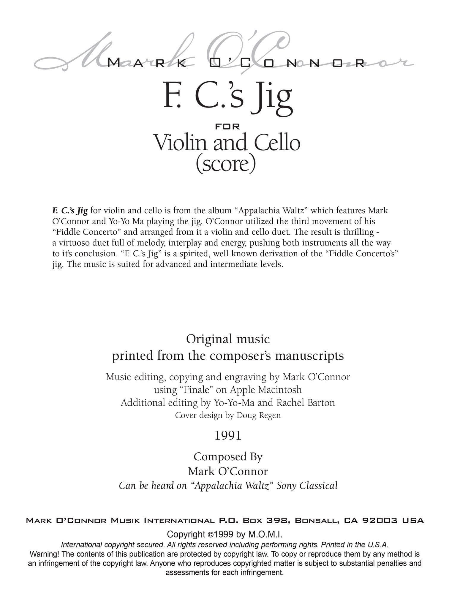O'Connor, Mark - F.C.'s Jig for Violin and Cello - Score - Digital Download - Image 2