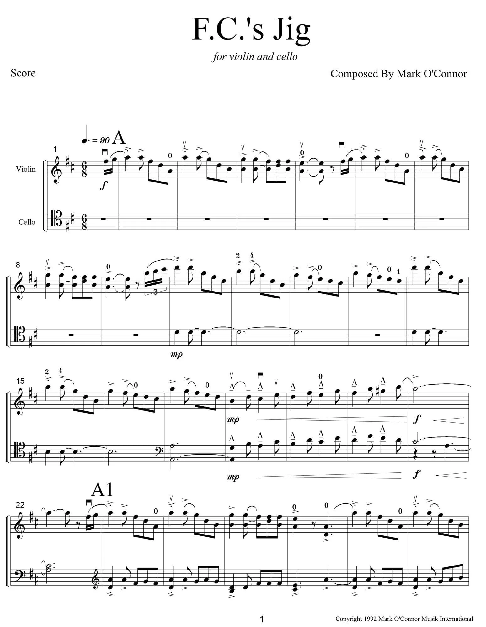 O'Connor, Mark - F.C.'s Jig for Violin and Cello - Score - Digital Download - Image 3