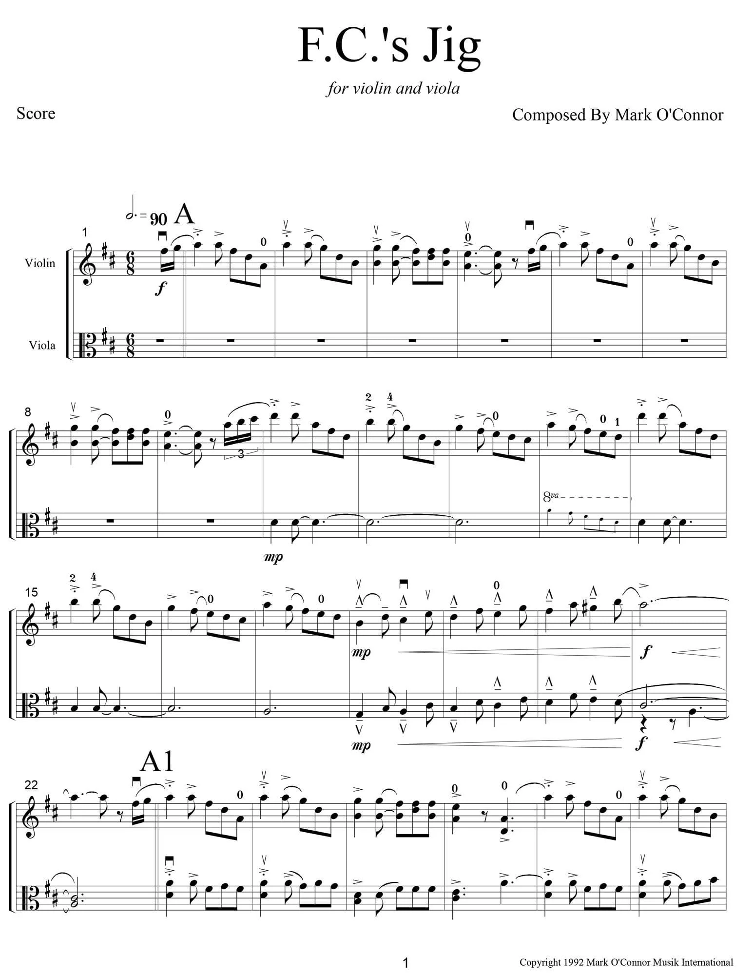 O'Connor, Mark - F.C.'s Jig for Violin and Viola - Score - Digital Download - Image 3