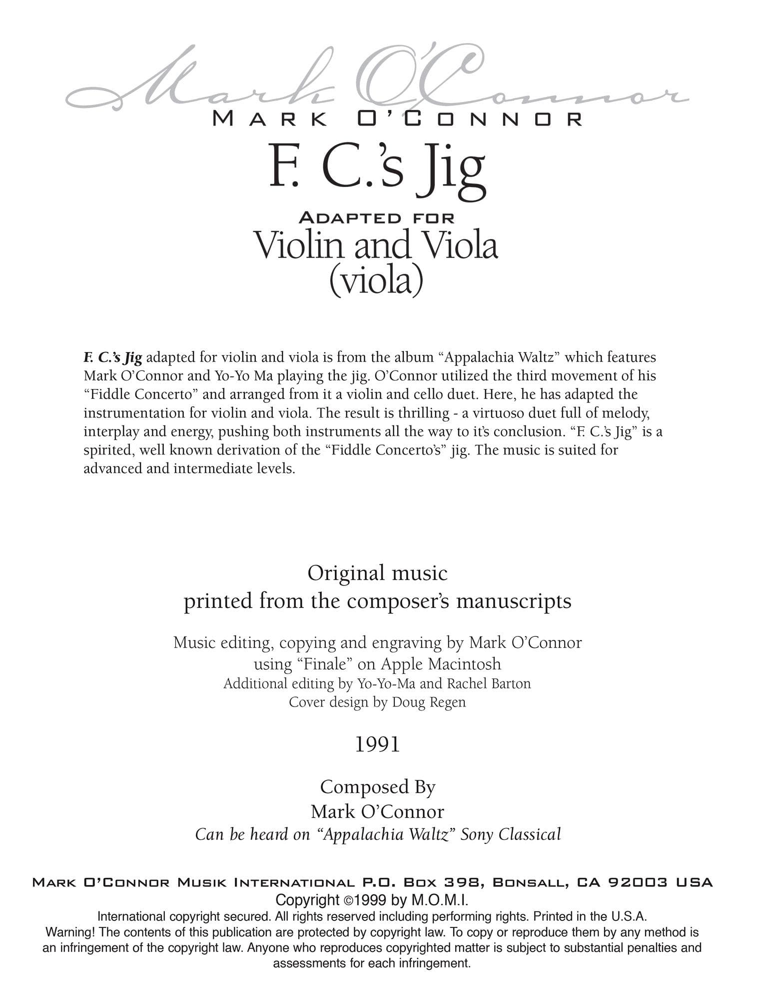 O'Connor, Mark - F.C.'s Jig for Violin and Viola - Viola - Digital Download - Image 2