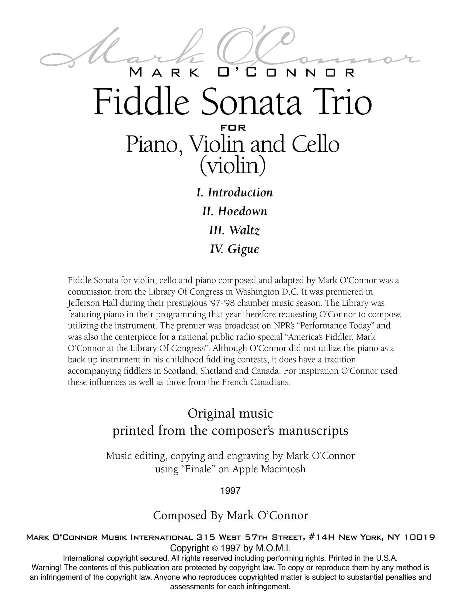 O'Connor, Mark - Fiddle Sonata Trio for Piano, Violin, and Cello - Violin - Digital Download - Image 2