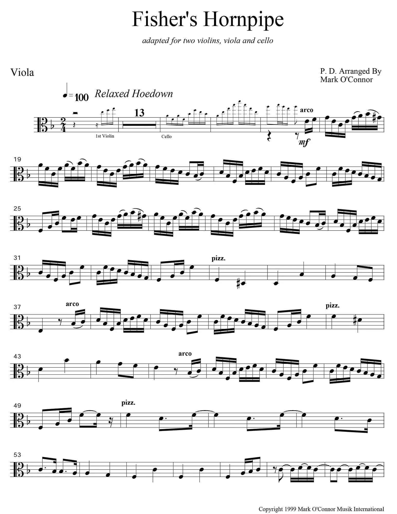 O'Connor, Mark - Fisher's Hornpipe for 2 Violins, Viola, and Cello - Viola - Digital Download - Image 3