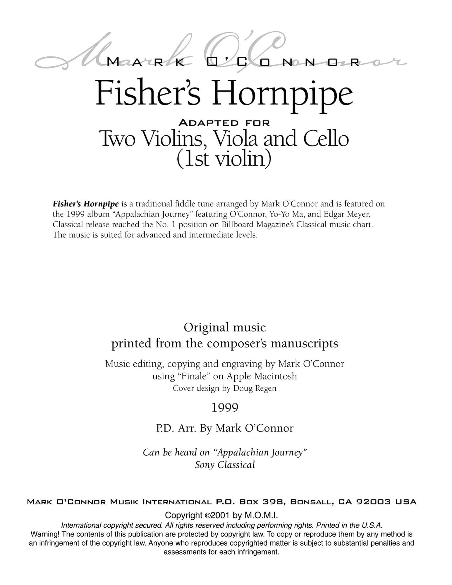 O'Connor, Mark - Fisher's Hornpipe for 2 Violins, Viola, and Cello - Violin 1 - Digital Download - Image 2
