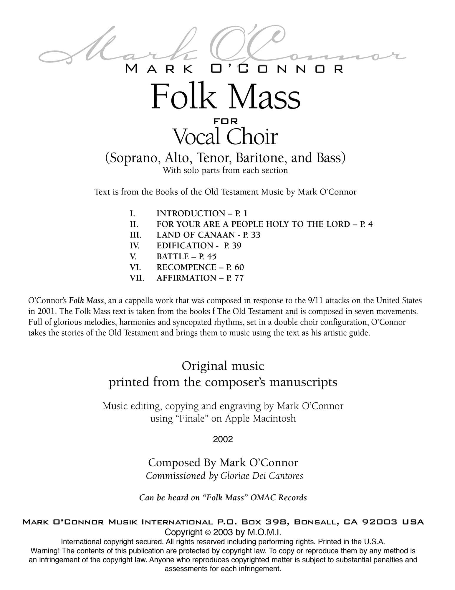 O'Connor, Mark - Folk Mass for Choir - Vocal Score - Digital Download - Image 2