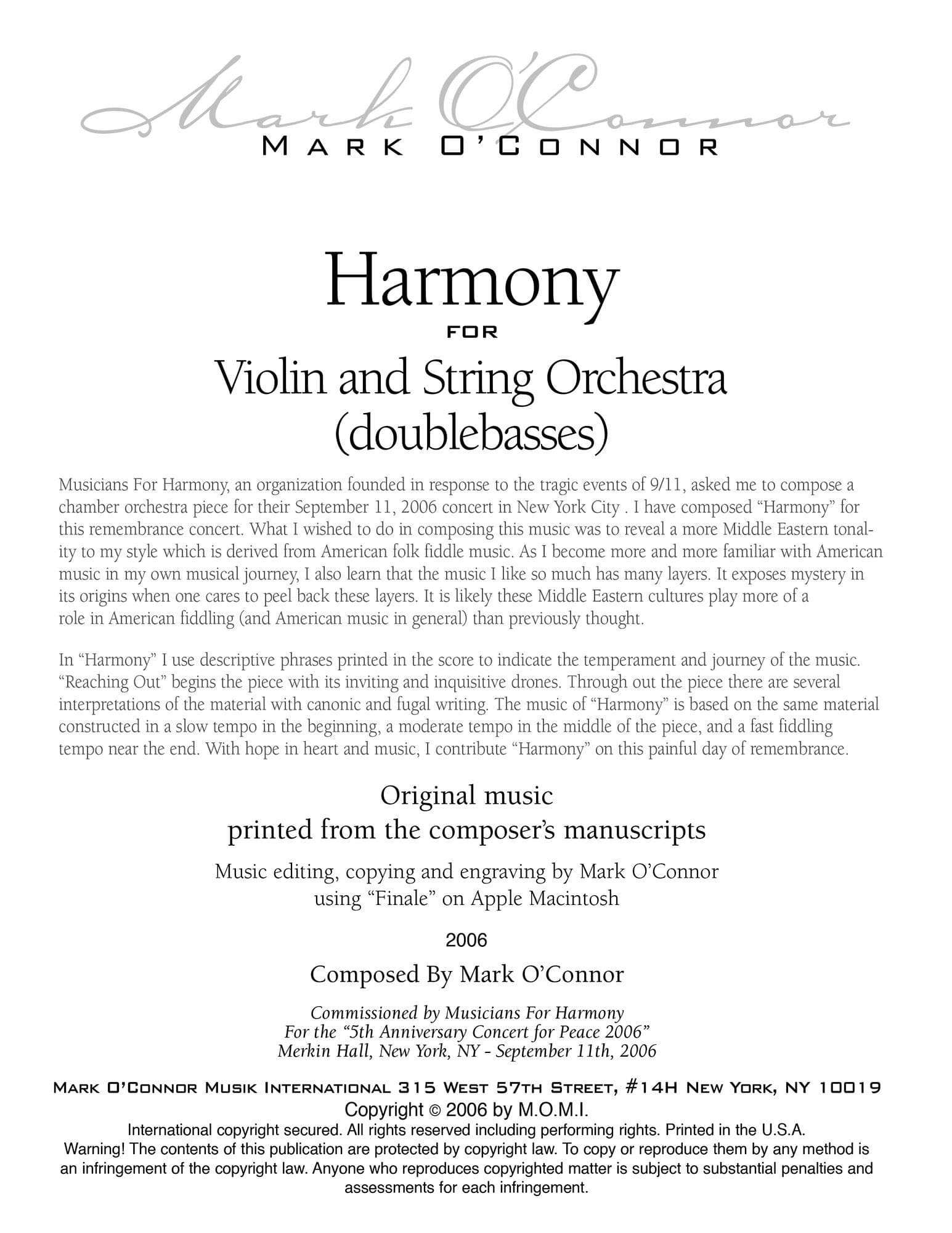 O'Connor, Mark - Harmony for Violin and Strings - Basses - Digital Download - Image 2