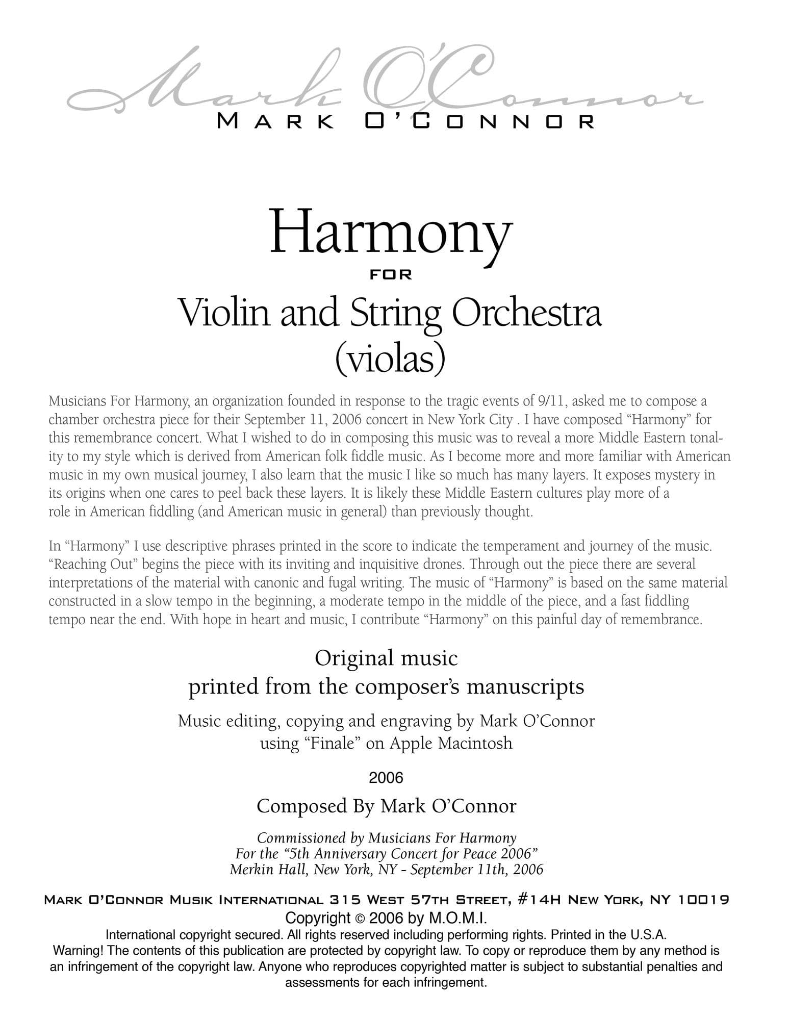 O'Connor, Mark - Harmony for Violin and Strings - Violas - Digital Download - Image 2