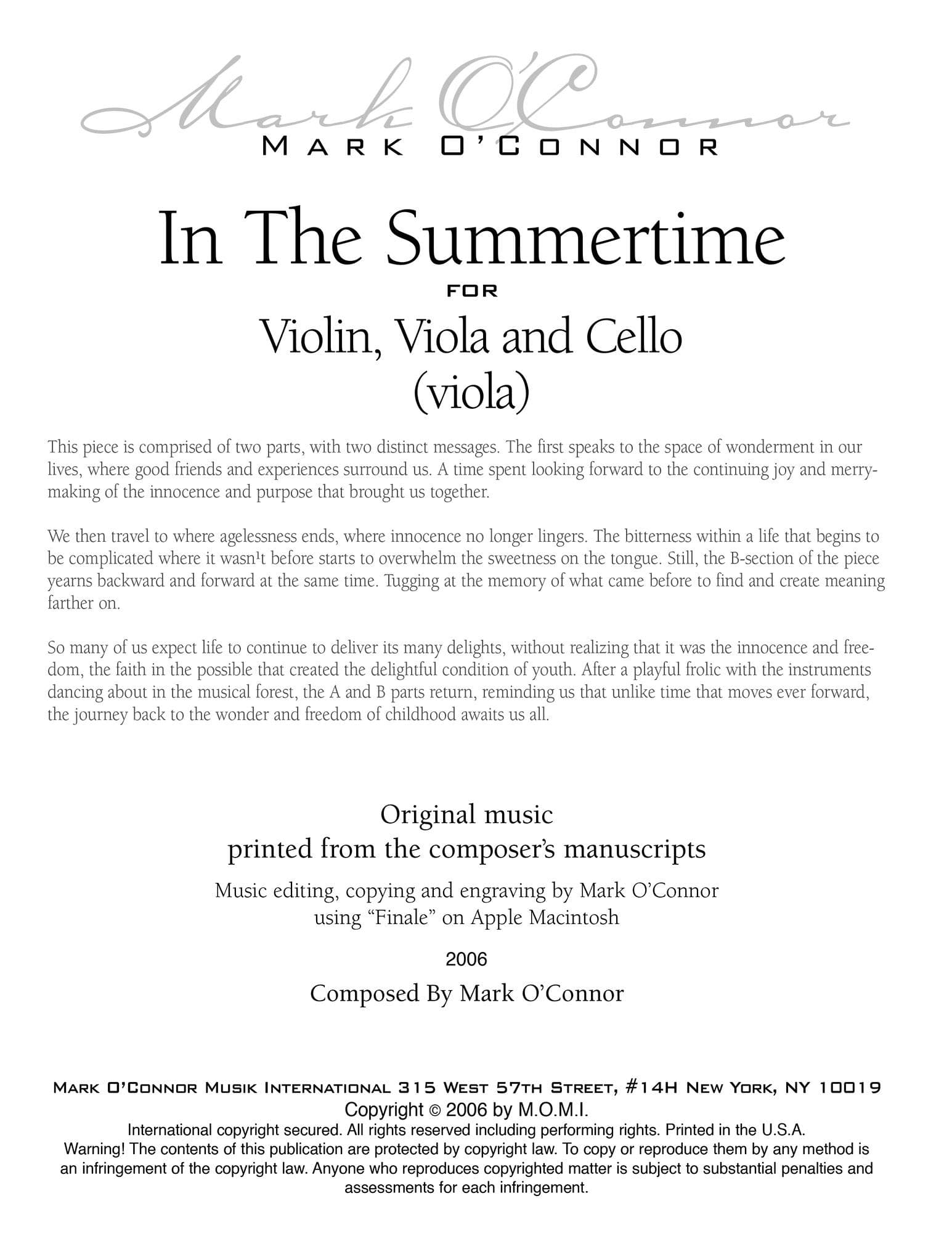 O'Connor, Mark - In the Summertime for Violin, Viola, and Cello - Viola - Digital Download - Image 2