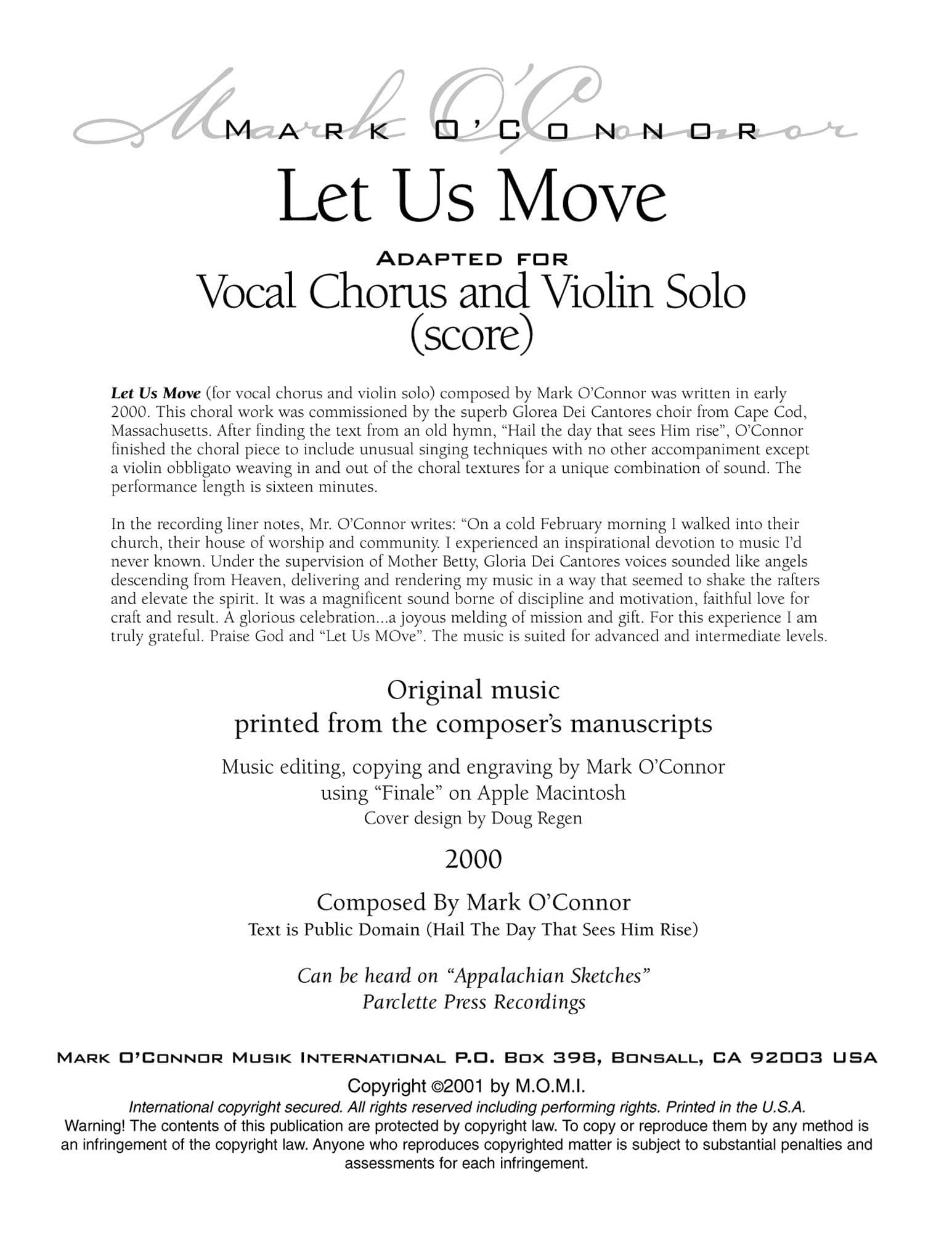 O'Connor, Mark - Let Us Move for Choir and Violin - Score - Digital Download - Image 2