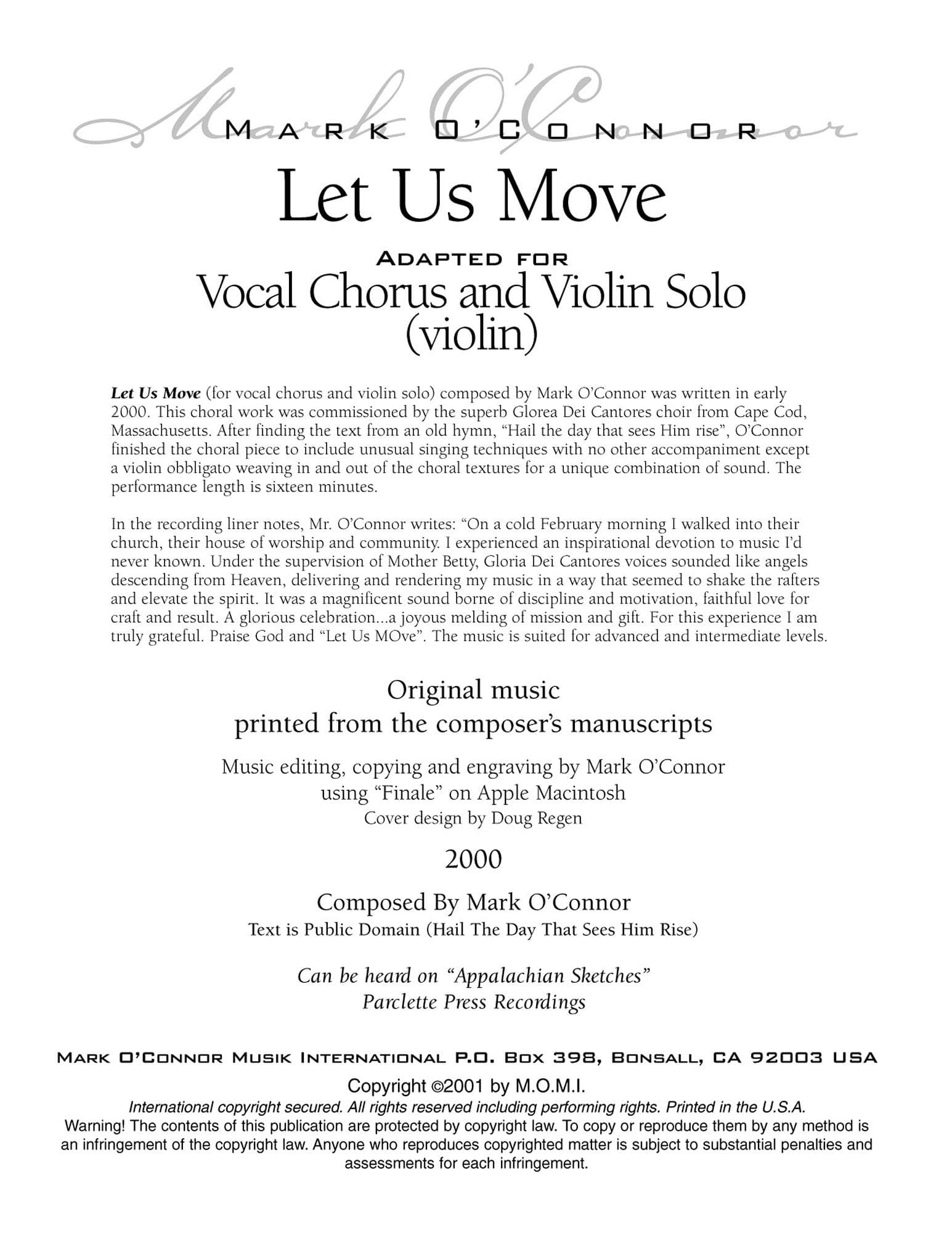 O'Connor, Mark - Let Us Move for Choir and Violin - Violin - Digital Download - Image 2