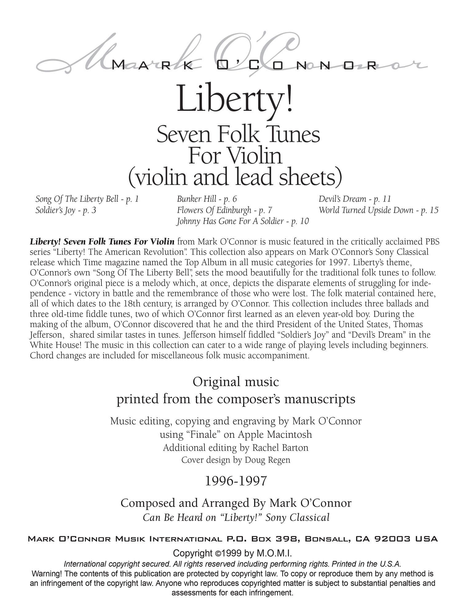 O'Connor, Mark - Liberty! (Seven Folk Tunes for Violin and Folk Instruments) - Score - Digital Download - Image 2