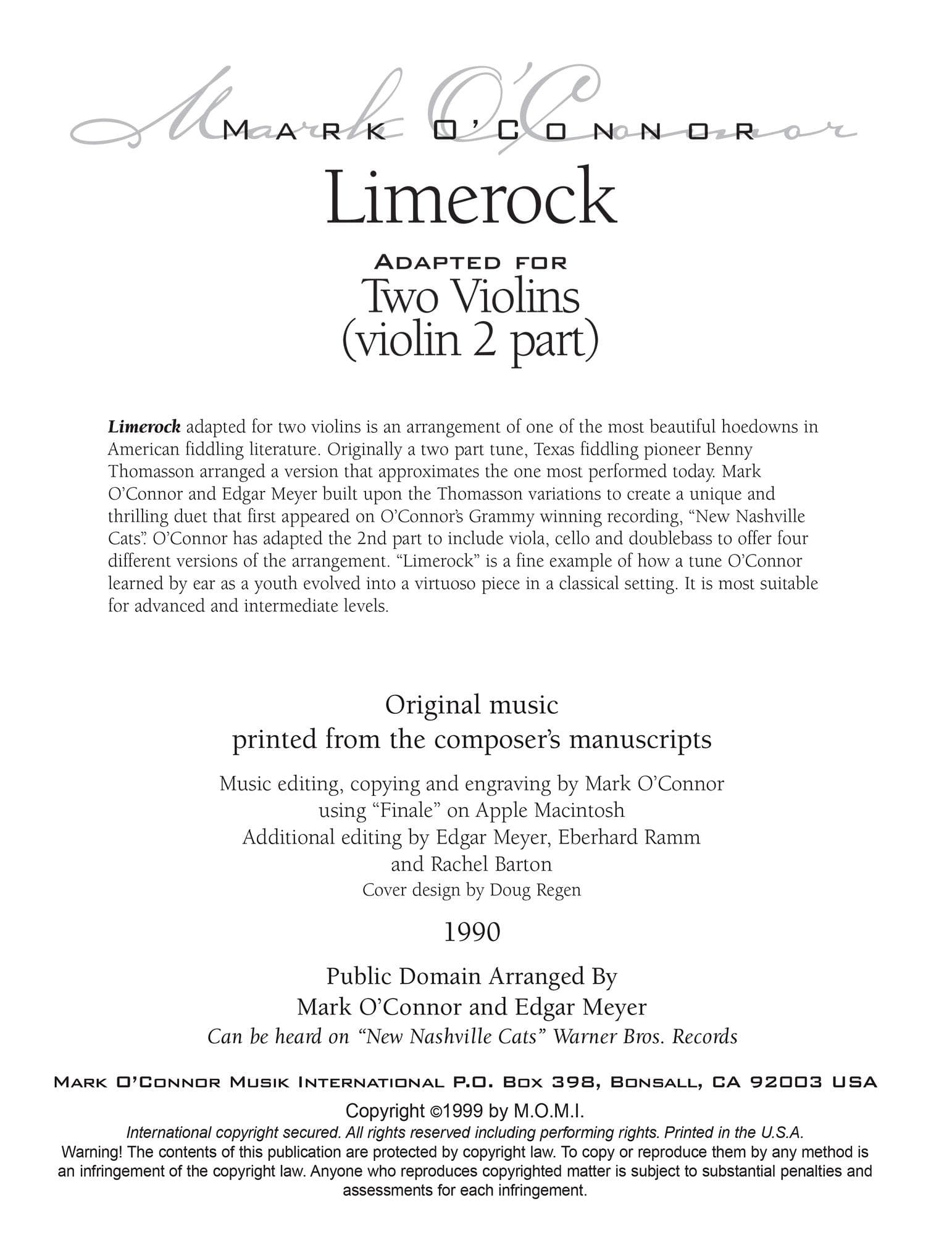 O'Connor, Mark - Limerock for 2 Violins - Violin 2 - Digital Download - Image 2
