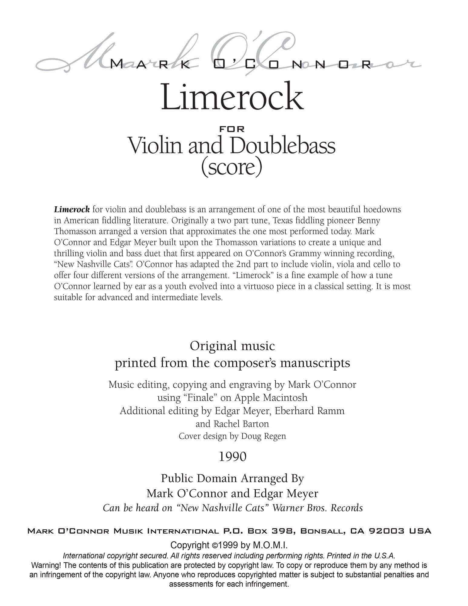 O'Connor, Mark - Limerock for Violin and Bass - Score - Digital Download - Image 2