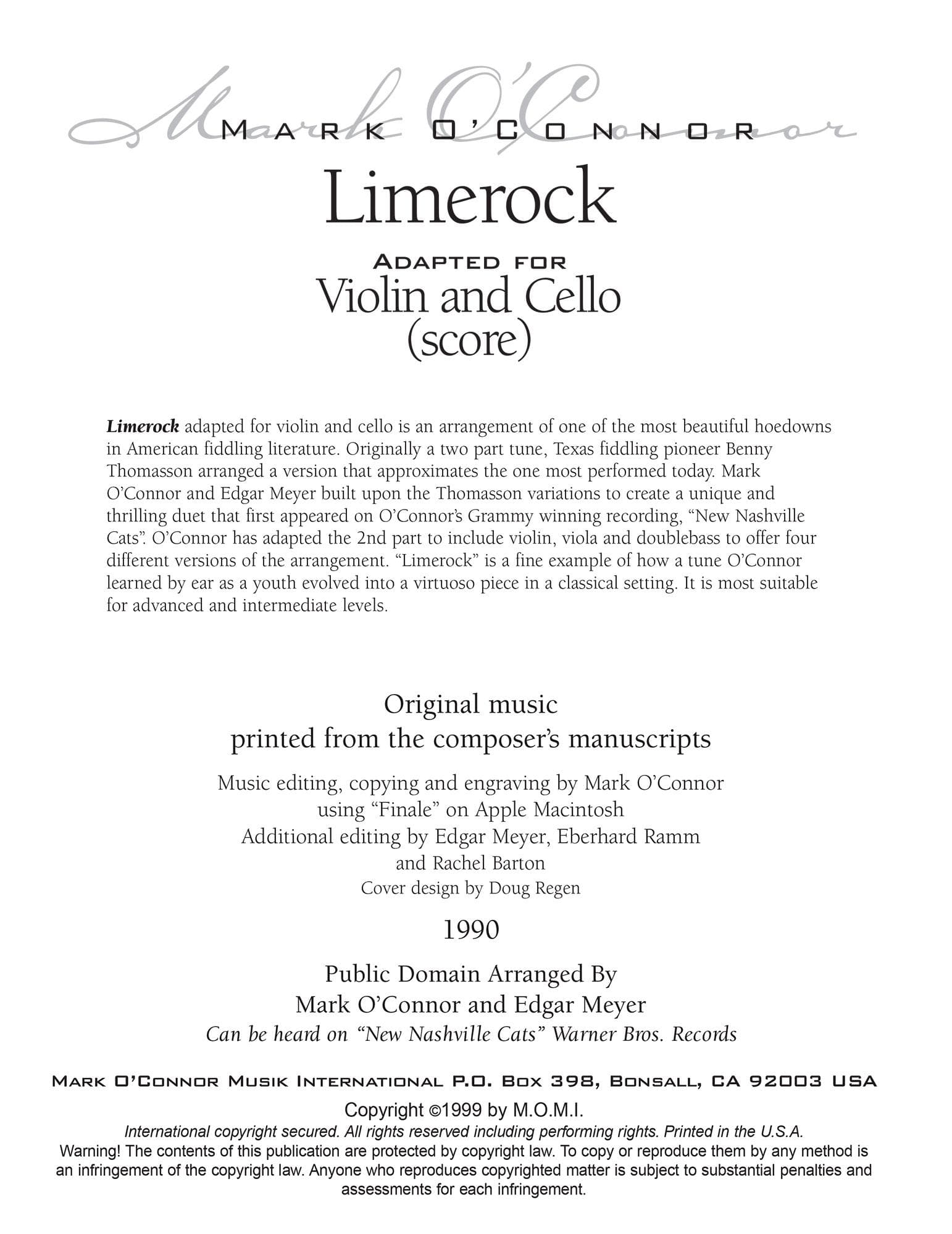 O'Connor, Mark - Limerock for Violin and Cello - Score - Digital Download - Image 2