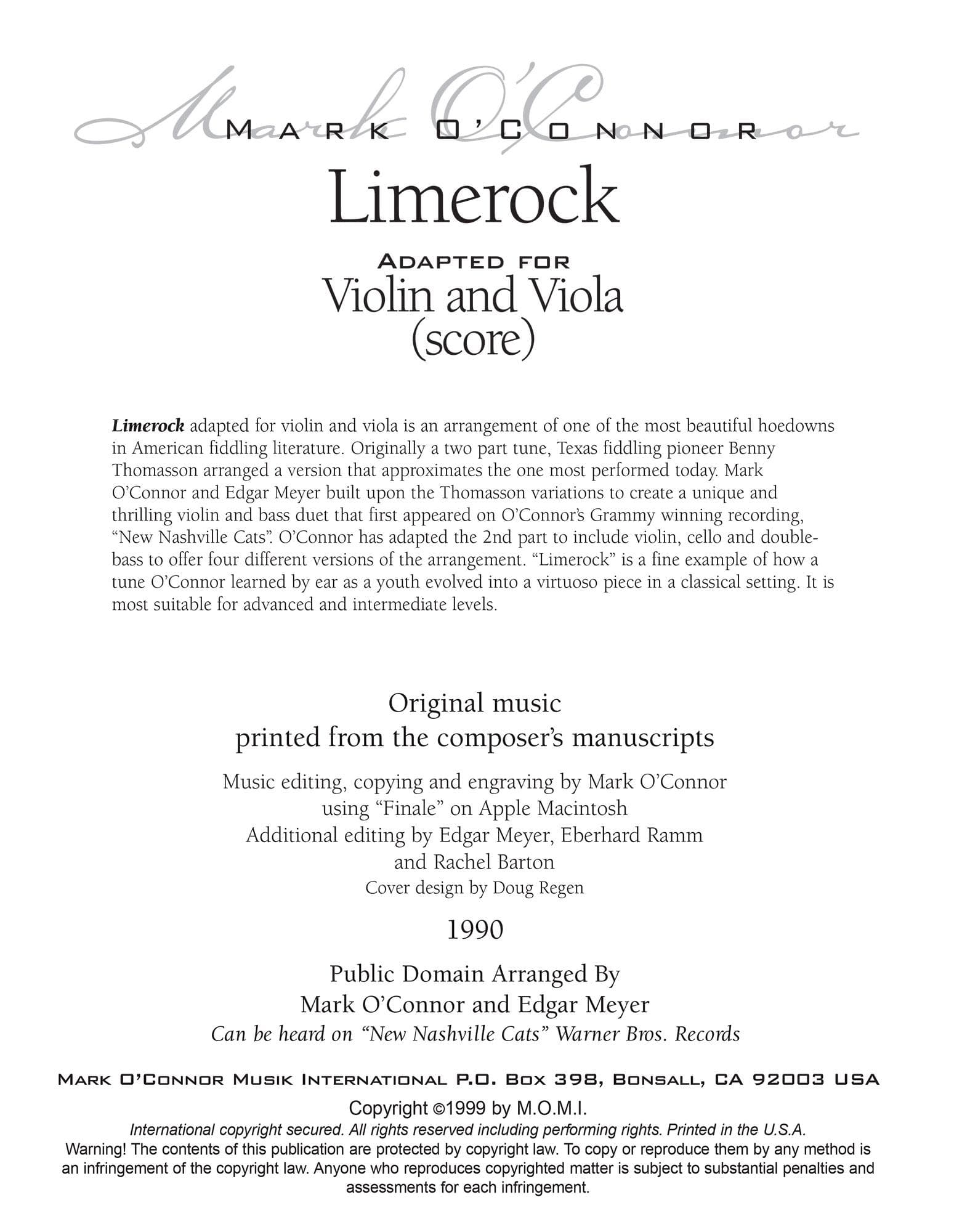 O'Connor, Mark - Limerock for Violin and Viola - Score - Digital Download - Image 2