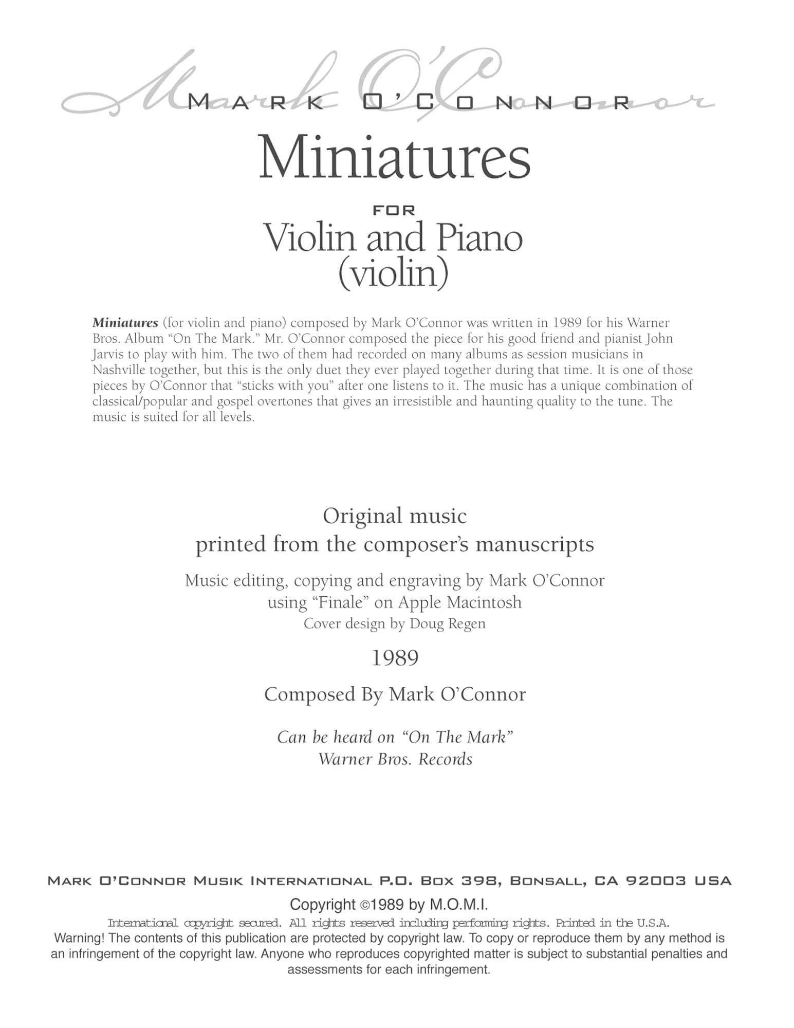 O'Connor, Mark - Miniatures for Violin and Piano - Violin - Digital Download - Image 2