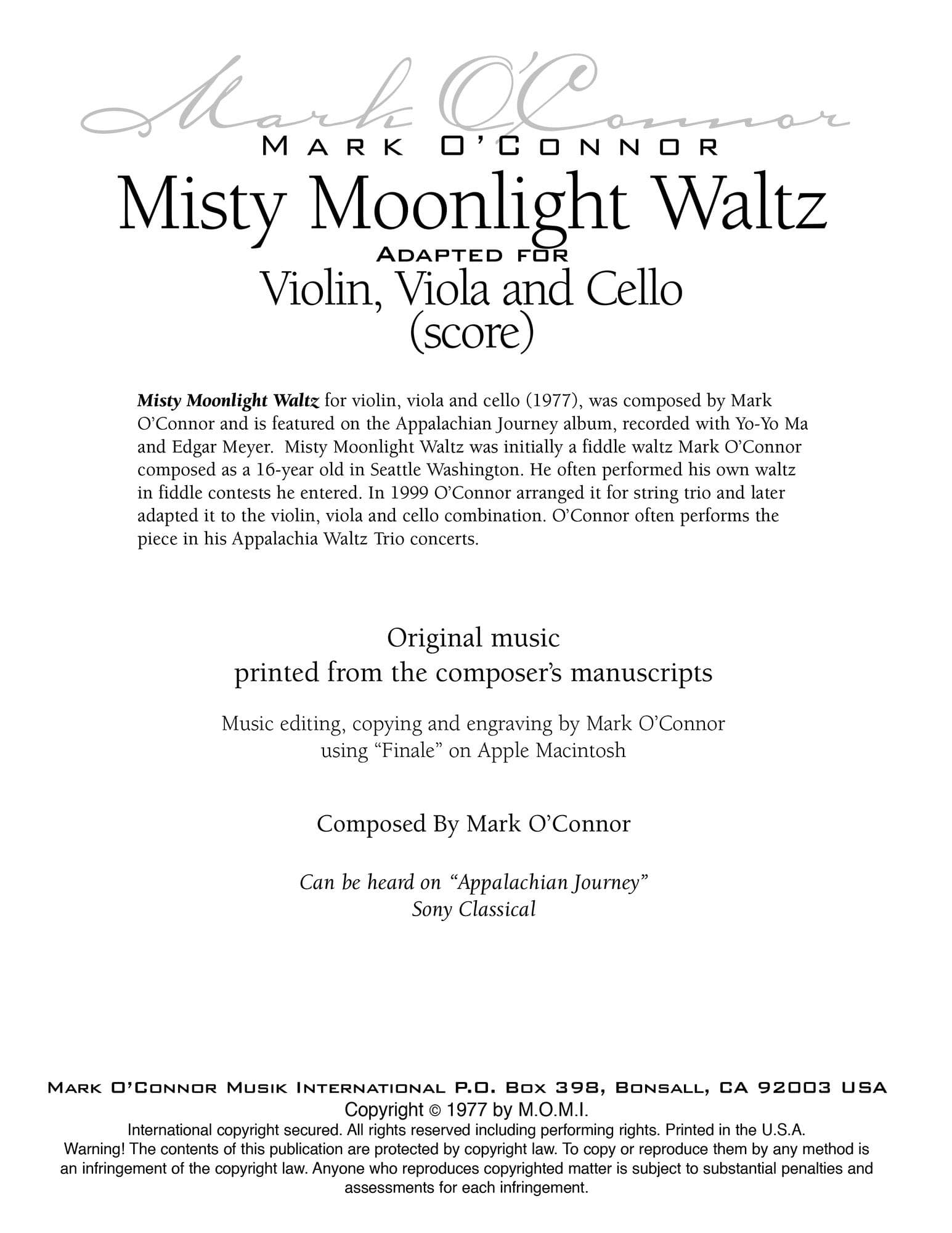 O'Connor, Mark - Misty Moonlight Waltz for Violin, Viola, and Cello - Score - Digital Download - Image 2