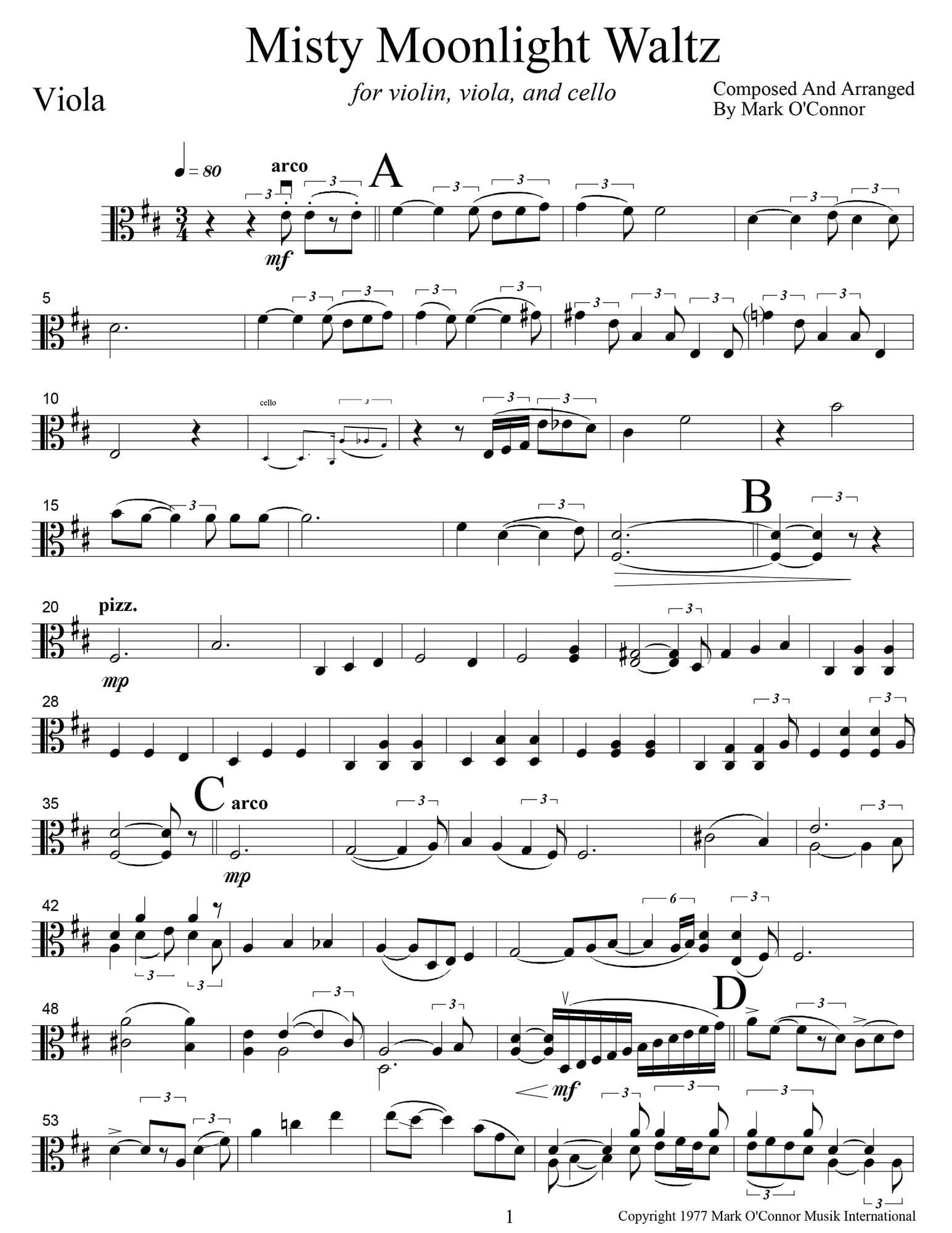 O'Connor, Mark - Misty Moonlight Waltz for Violin, Viola, and Cello - Viola - Digital Download - Image 3