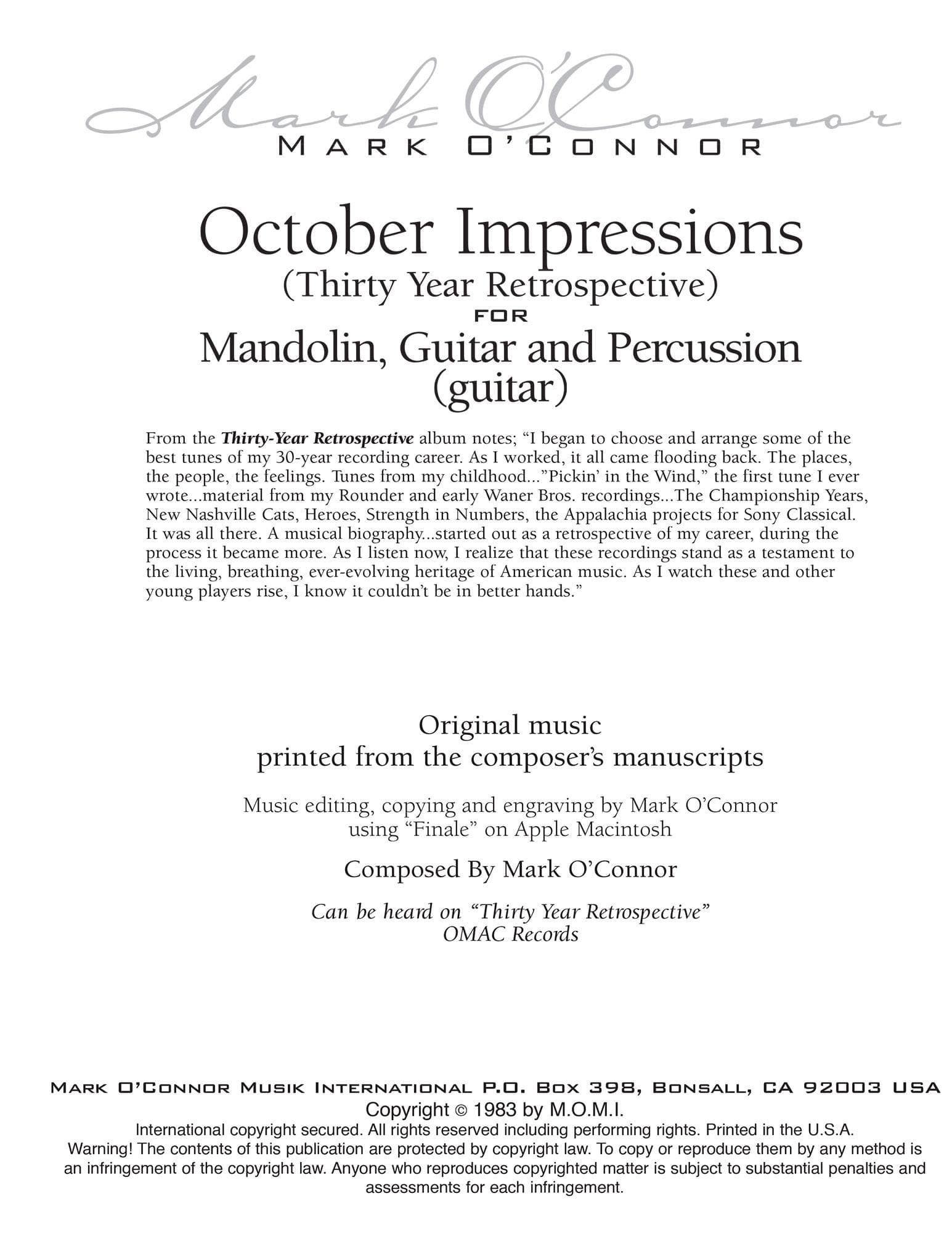 O'Connor, Mark - October Impressions for Mandolin, Guitar, and Percussion - Guitar - Digital Download - Image 2
