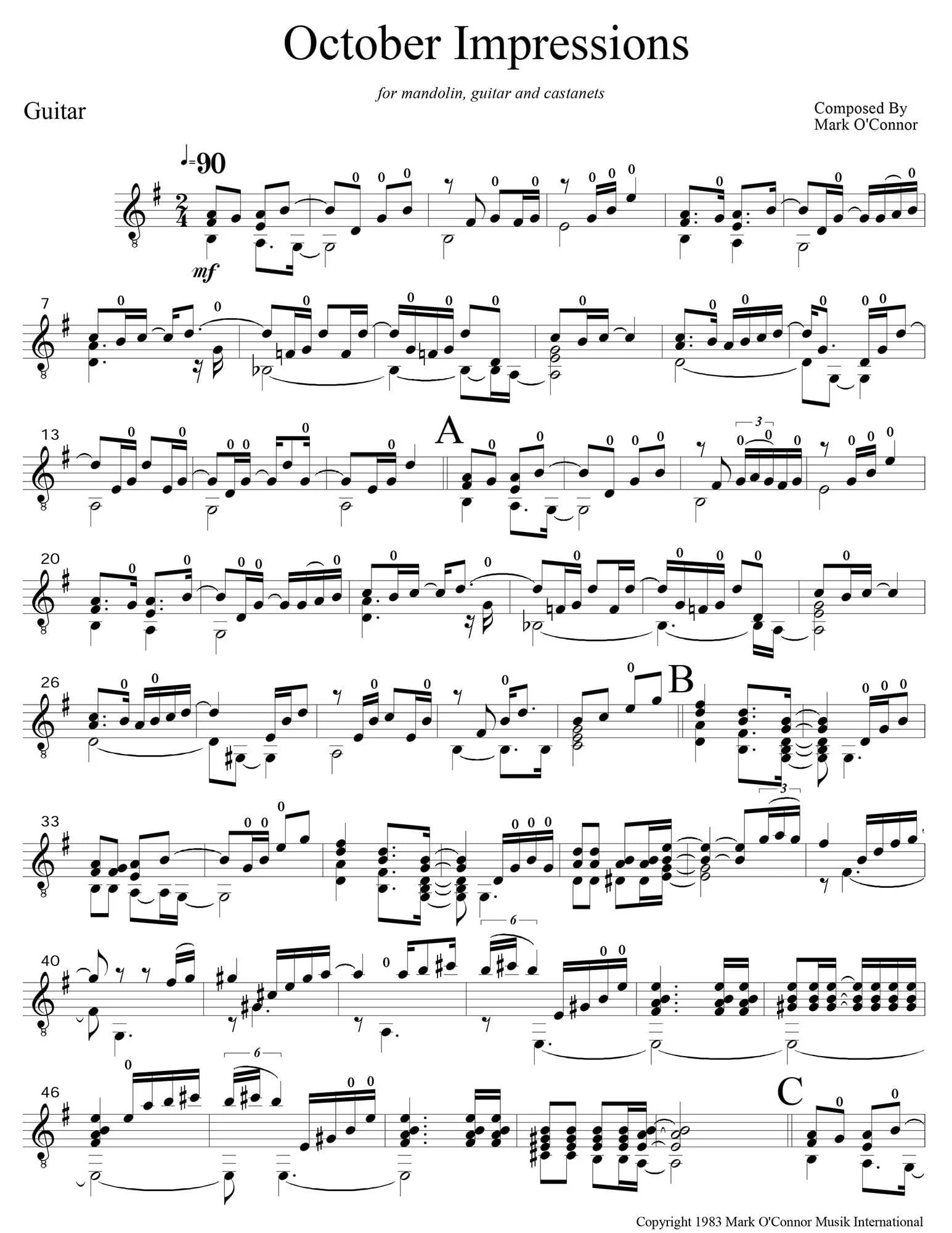 O'Connor, Mark - October Impressions for Mandolin, Guitar, and Percussion - Guitar - Digital Download - Image 3