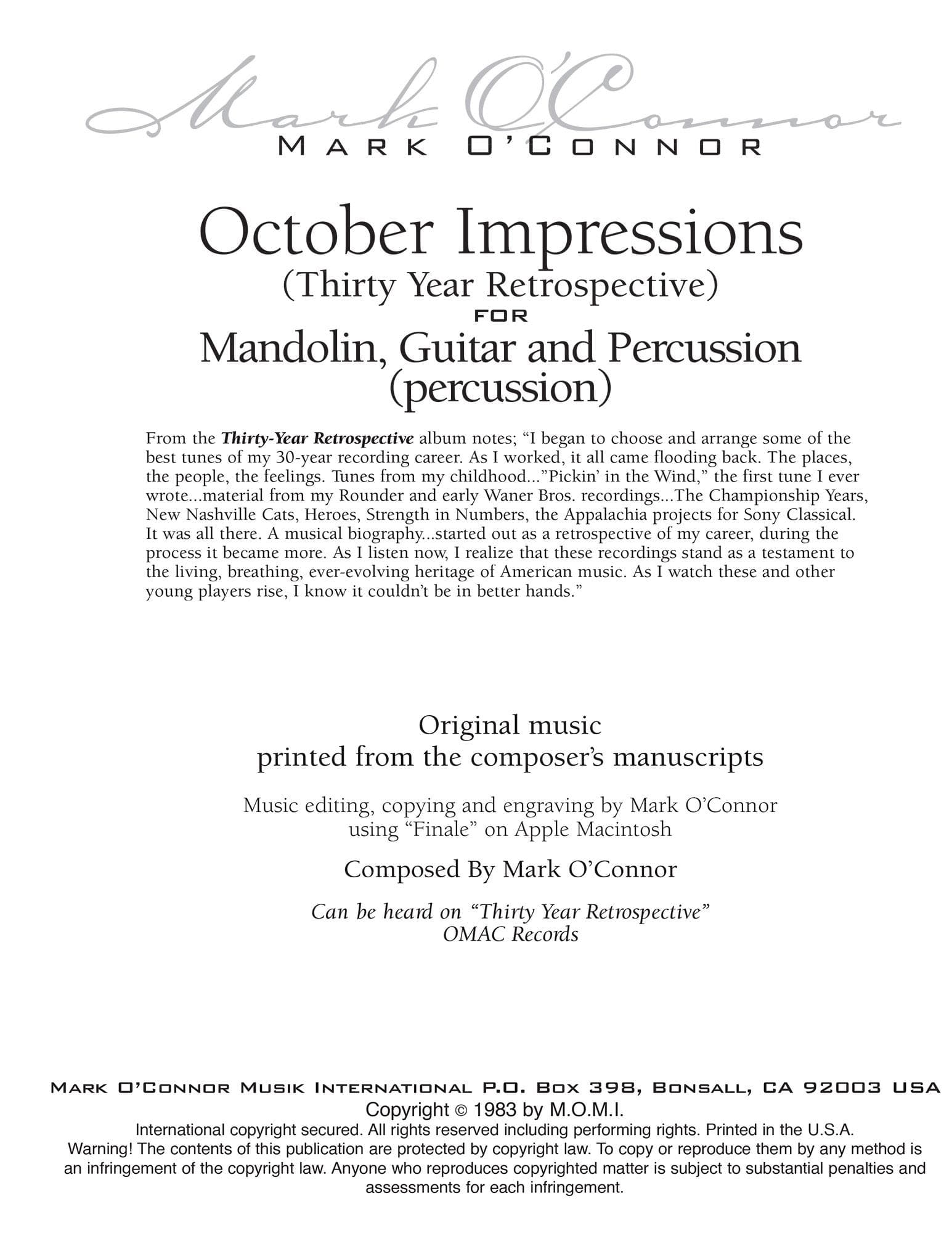 O'Connor, Mark - October Impressions for Mandolin, Guitar, and Percussion - Percussion - Digital Download - Image 2