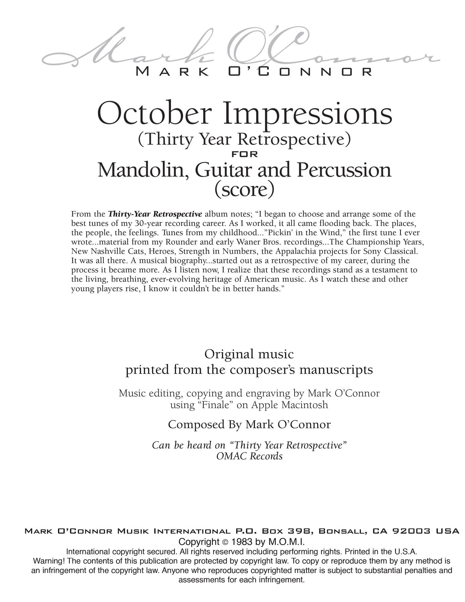 O'Connor, Mark - October Impressions for Mandolin, Guitar, and Percussion - Score - Digital Download - Image 2