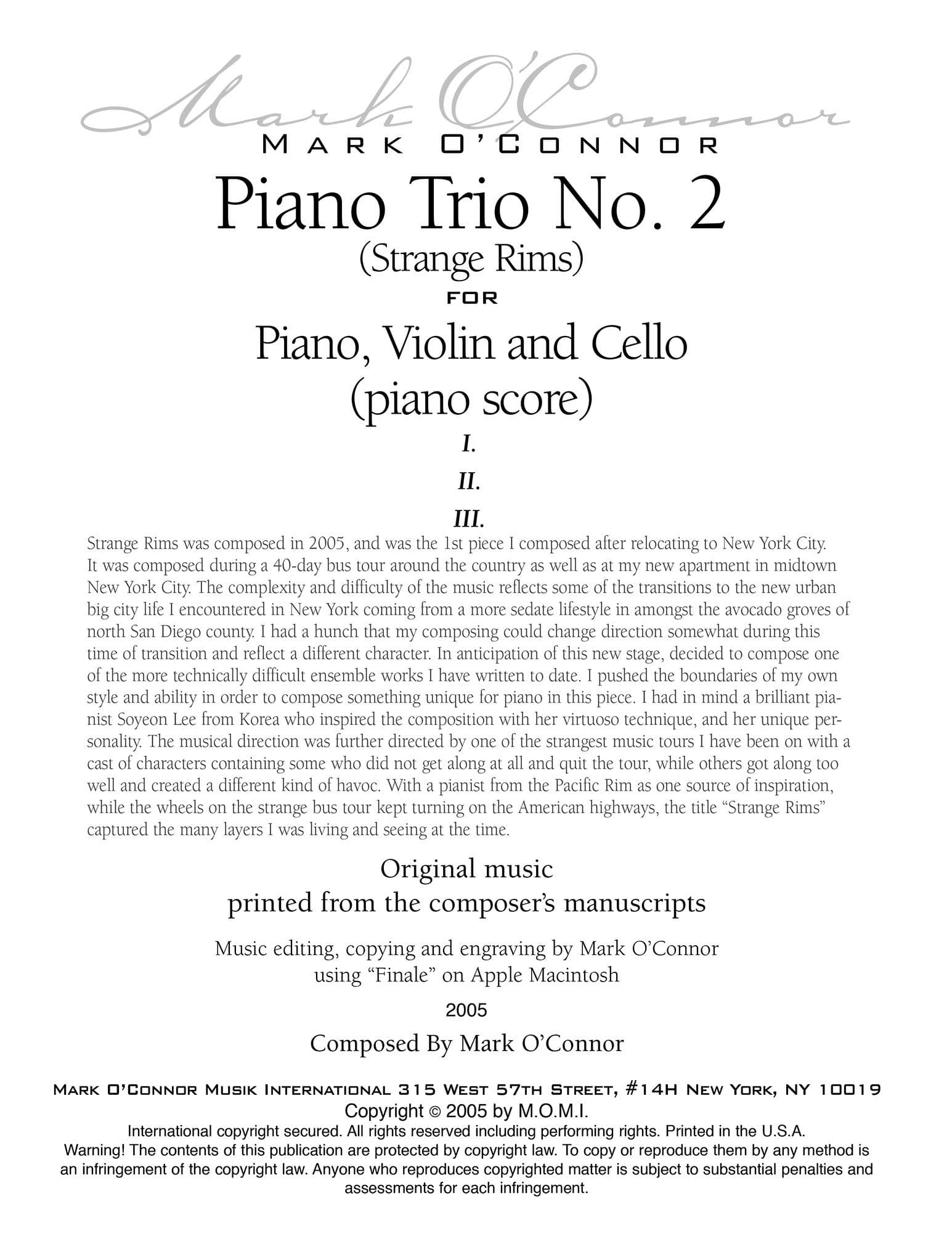 O'Connor, Mark - Piano Trio No. 2 (Strange Rims) for Piano, Violin, and Cello - Piano Score - Digital Download - Image 2