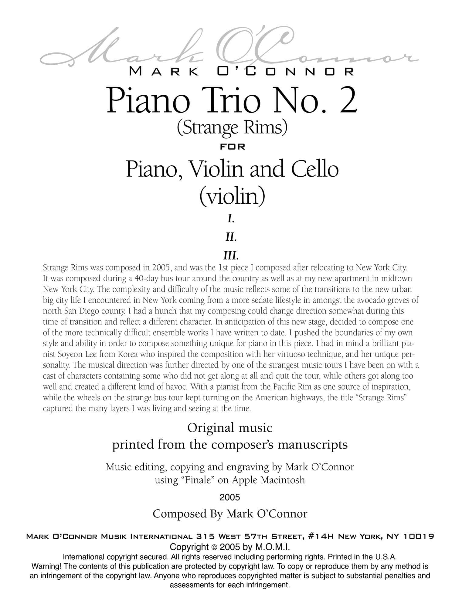 O'Connor, Mark - Piano Trio No. 2 (Strange Rims) for Piano, Violin, and Cello - Violin - Digital Download - Image 2