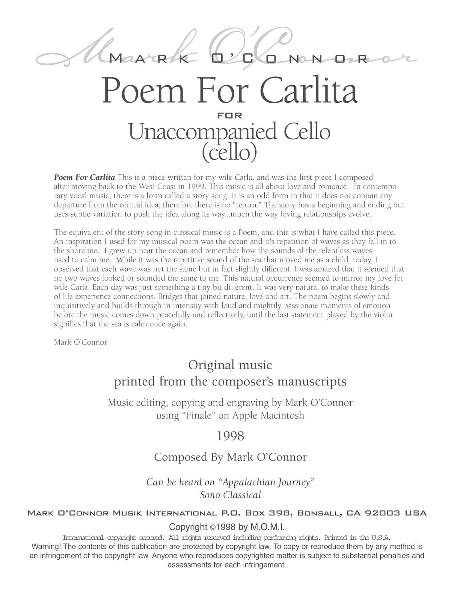 O'Connor, Mark - Poem for Carlita for Unaccompanied Cello - Digital Download - Image 2