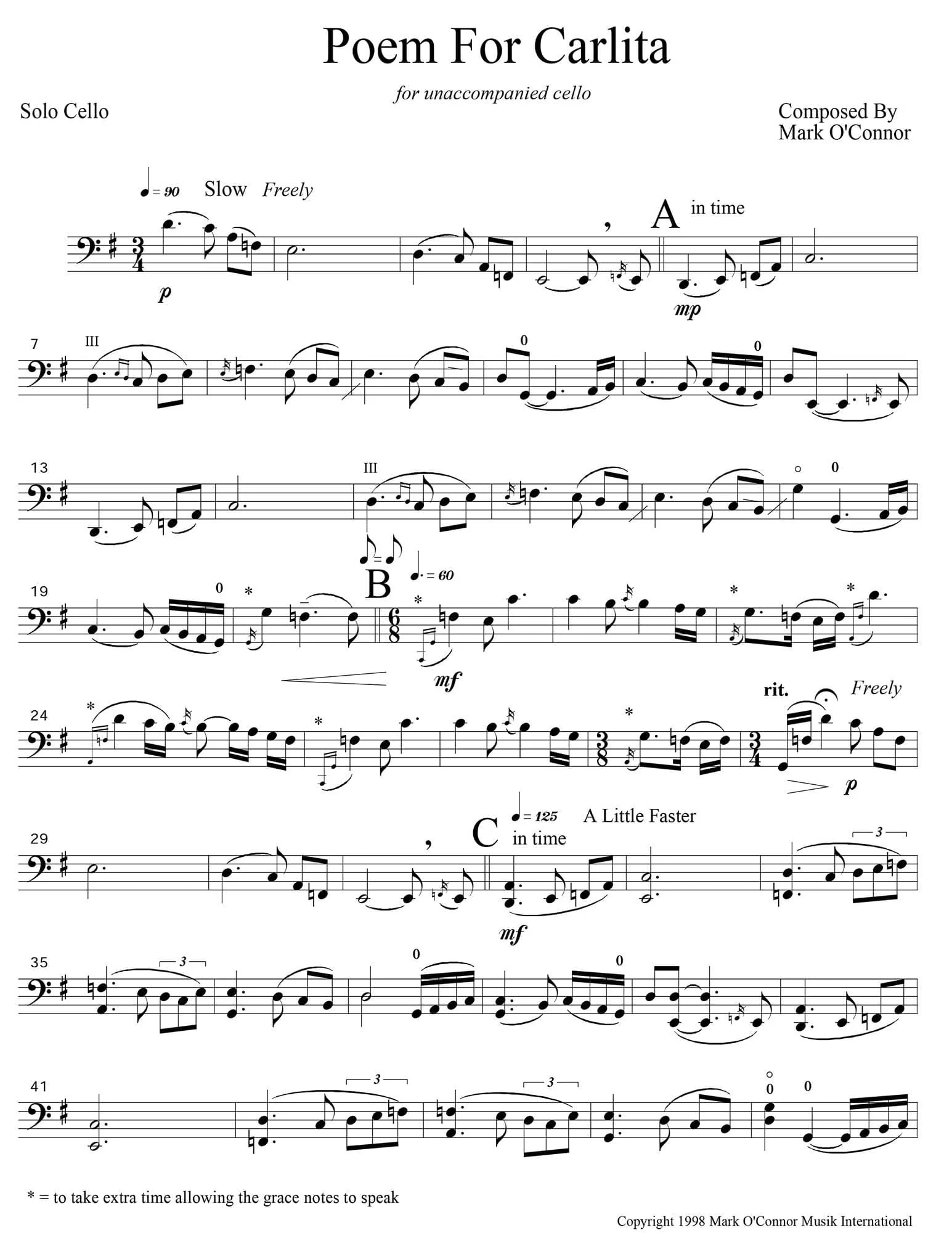 O'Connor, Mark - Poem for Carlita for Unaccompanied Cello - Digital Download - Image 3