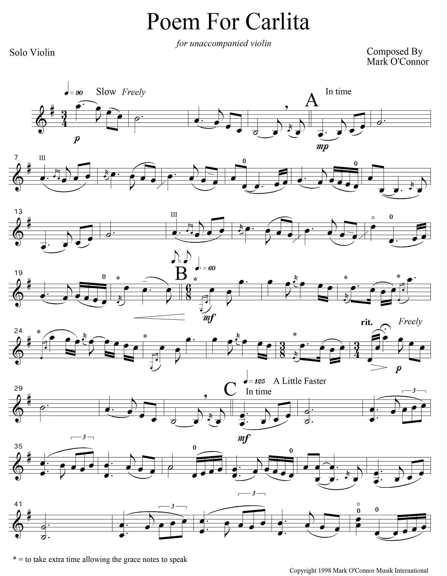 O'Connor, Mark - Poem for Carlita for Unaccompanied Violin - Digital Download - Image 3