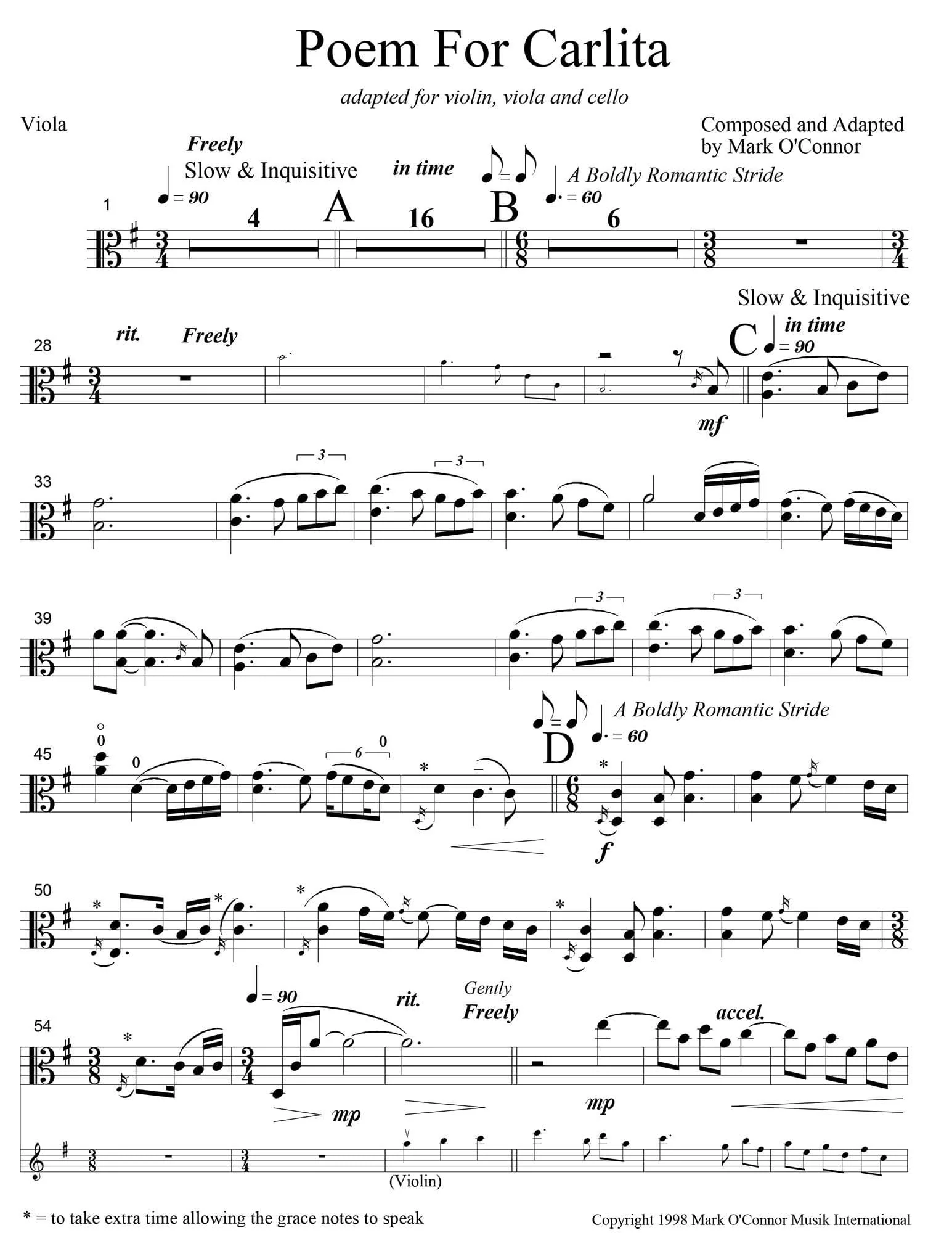 O'Connor, Mark - Poem for Carlita for Violin, Viola, and Cello - Viola - Digital Download - Image 2