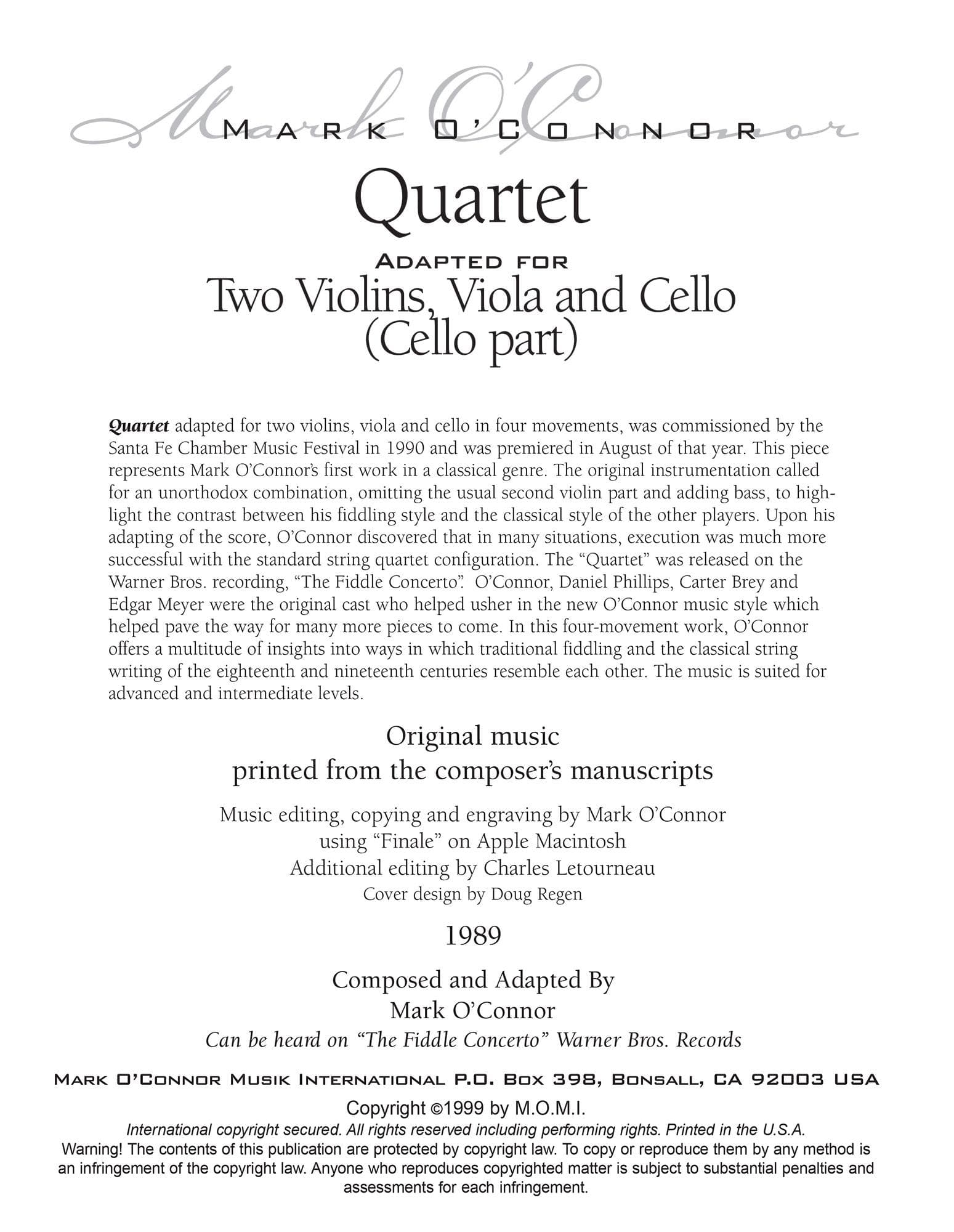 O'Connor, Mark - Quartet for 2 Violins, Viola, and Cello - Cello - Digital Download - Image 2