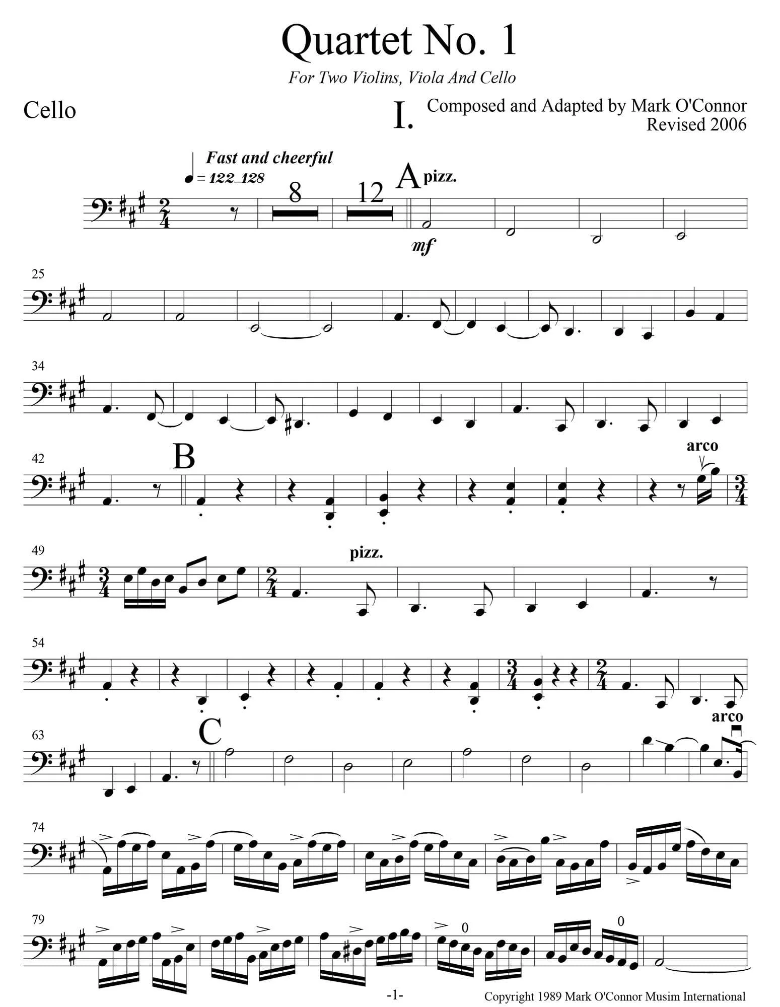 O'Connor, Mark - Quartet for 2 Violins, Viola, and Cello - Cello - Digital Download - Image 3