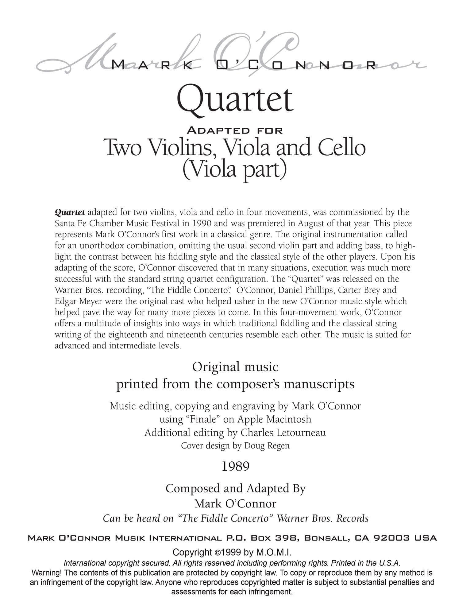 O'Connor, Mark - Quartet for 2 Violins, Viola, and Cello - Viola - Digital Download - Image 2