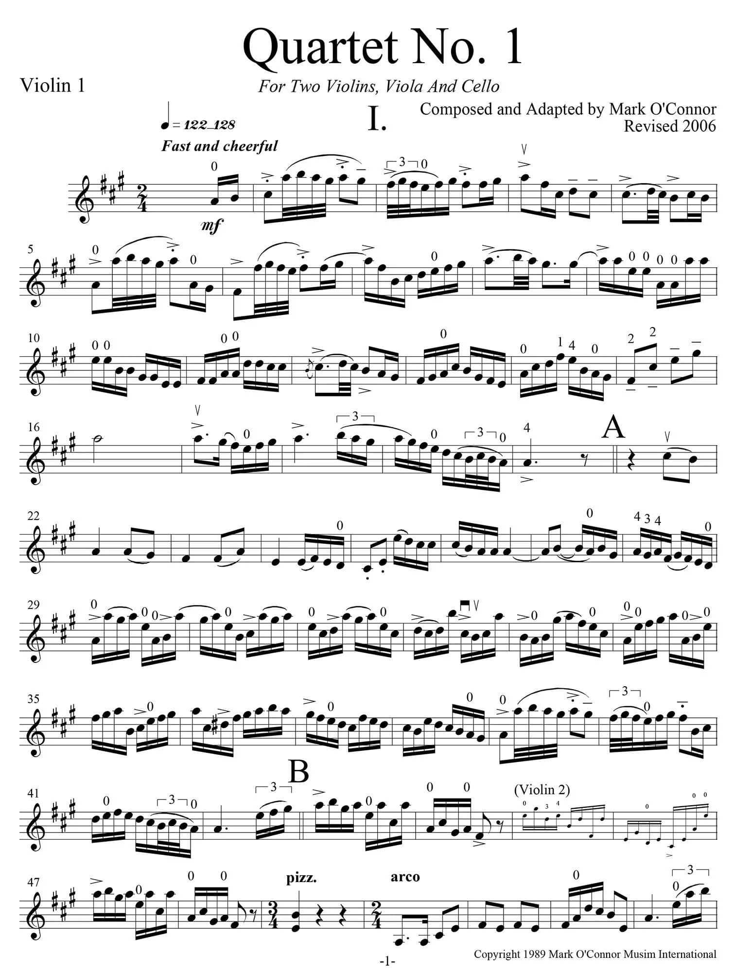 O'Connor, Mark - Quartet for 2 Violins, Viola, and Cello - Violin 1 - Digital Download - Image 3