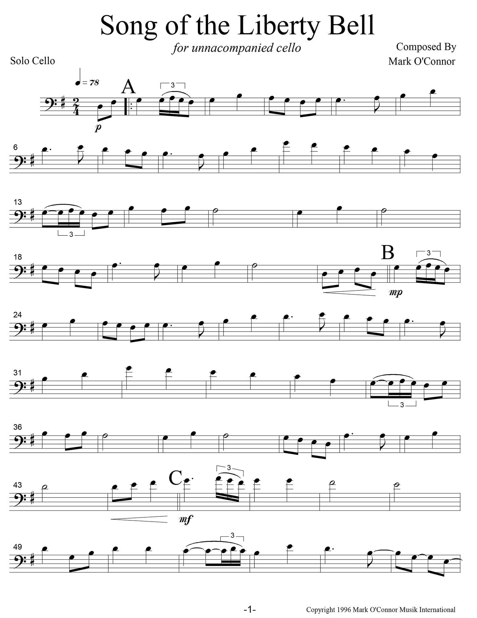 O'Connor, Mark - Song Of The Liberty Bell for Cello - Cello - Digital Download - Image 3