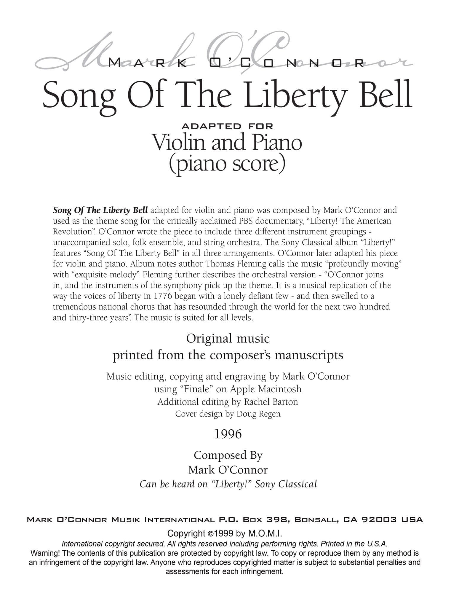 O'Connor, Mark - Song Of The Liberty Bell for Violin and Piano - Piano Score - Digital Download - Image 2