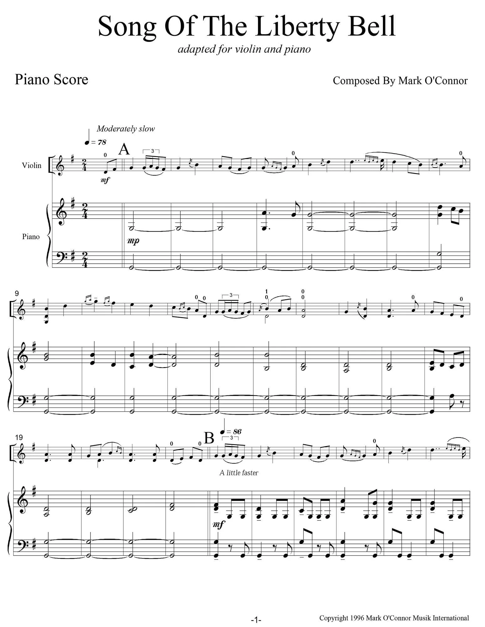 O'Connor, Mark - Song Of The Liberty Bell for Violin and Piano - Piano Score - Digital Download - Image 3