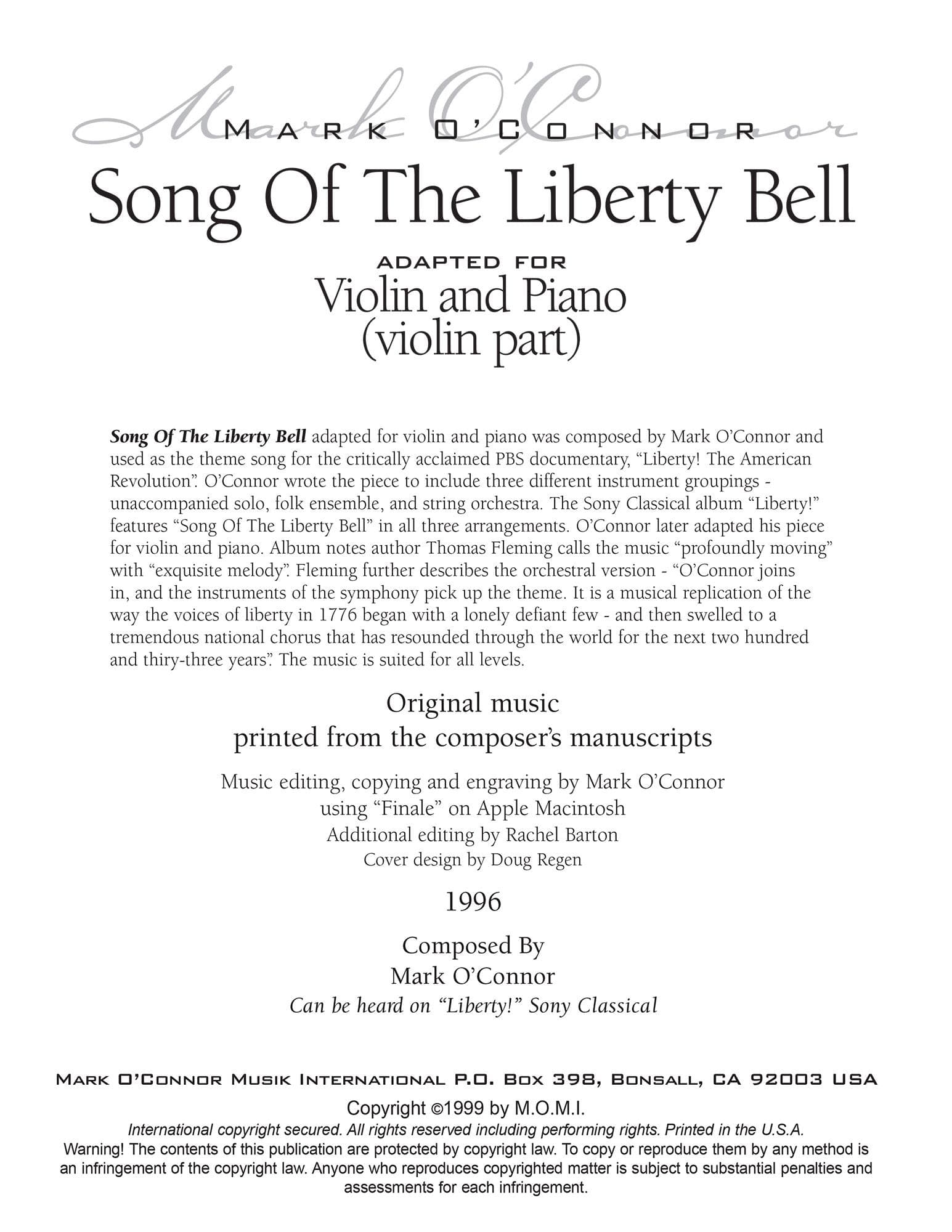 O'Connor, Mark - Song Of The Liberty Bell for Violin and Piano - Violin - Digital Download - Image 2