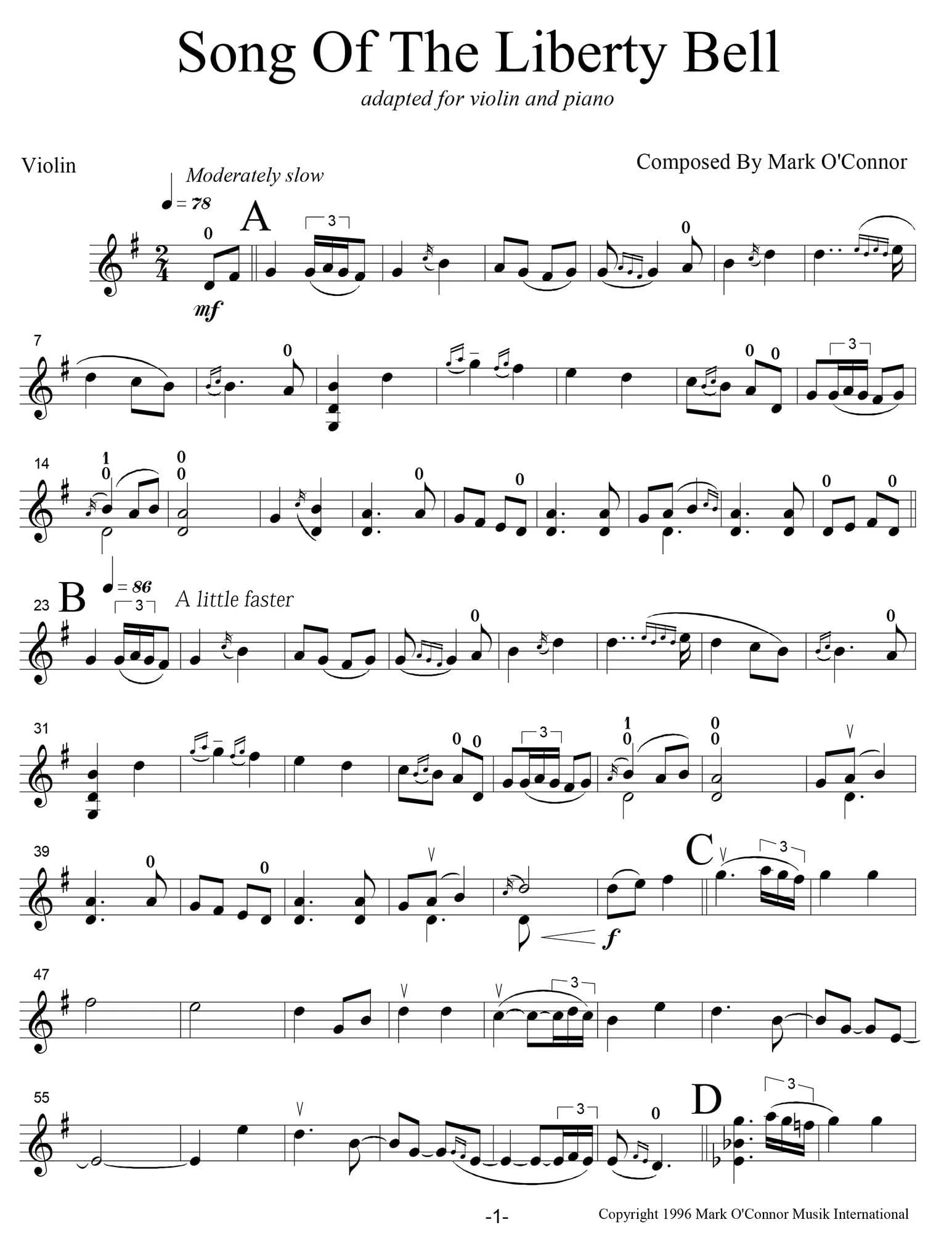 O'Connor, Mark - Song Of The Liberty Bell for Violin and Piano - Violin - Digital Download - Image 3