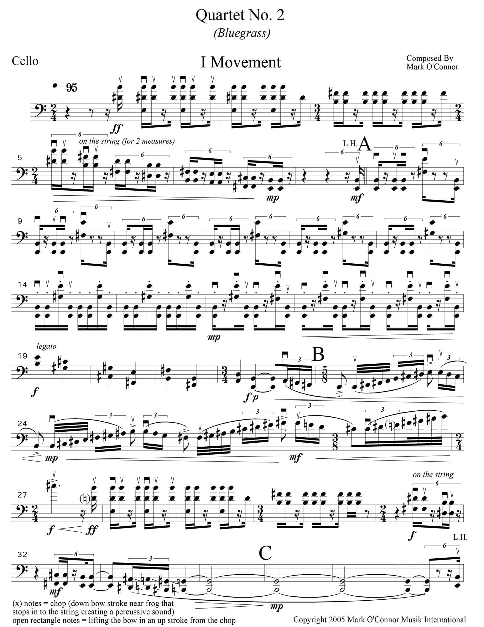 O'Connor, Mark - String Quartet No. 2 (Bluegrass) for 2 Violins, Viola, and Cello - Cello - Digital Download - Image 3