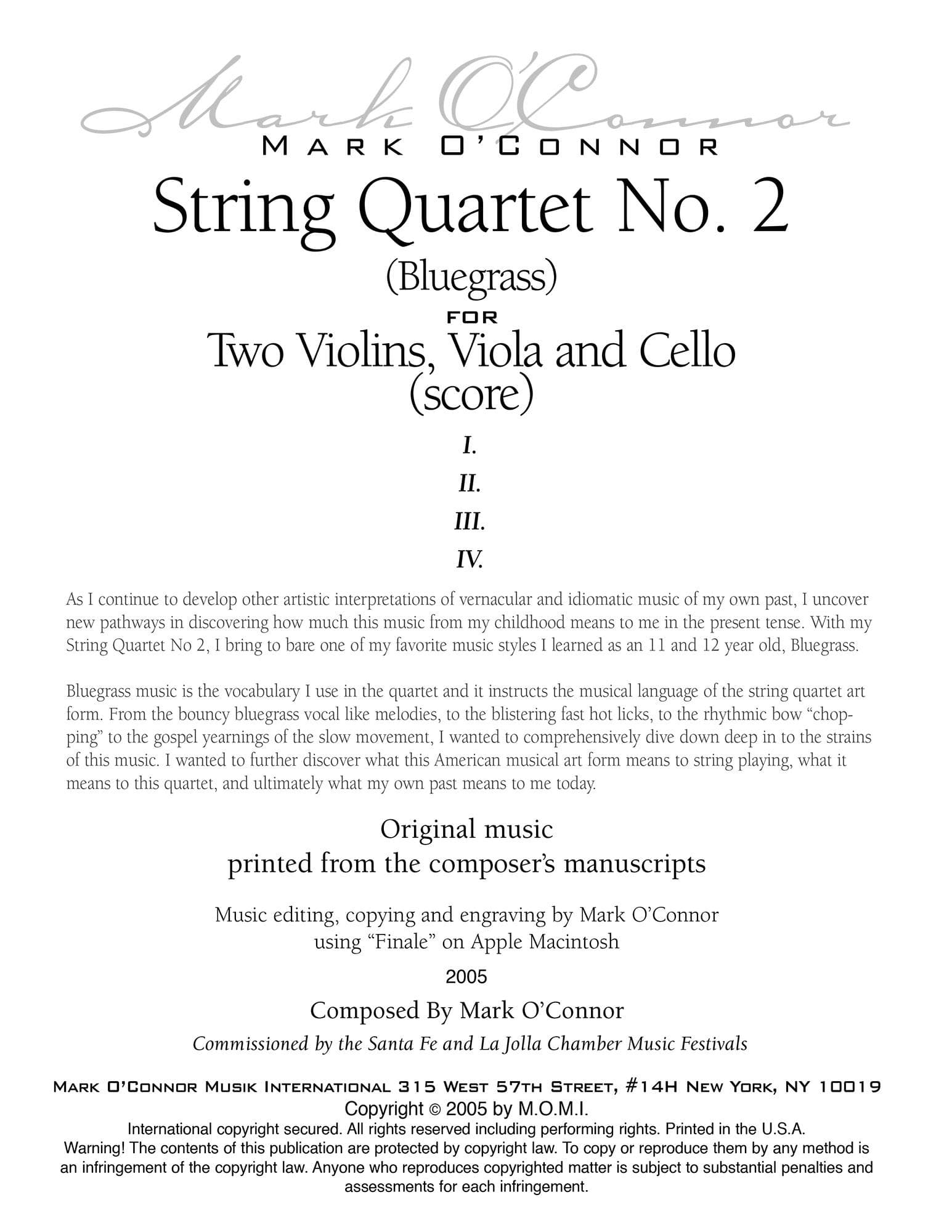 O'Connor, Mark - String Quartet No. 2 (Bluegrass) for 2 Violins, Viola, and Cello - Score - Digital Download - Image 2