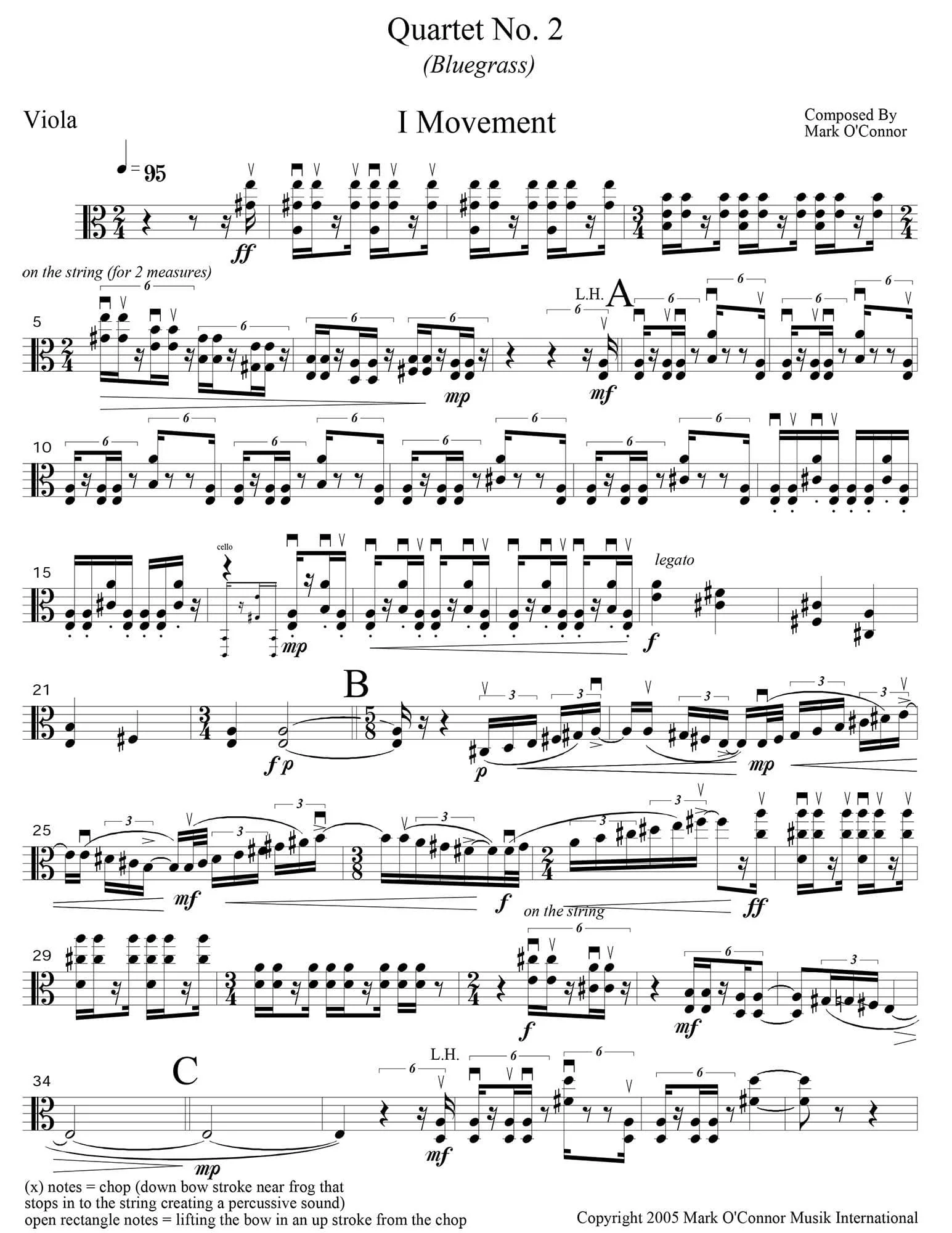 O'Connor, Mark - String Quartet No. 2 (Bluegrass) for 2 Violins, Viola, and Cello - Viola - Digital Download - Image 3