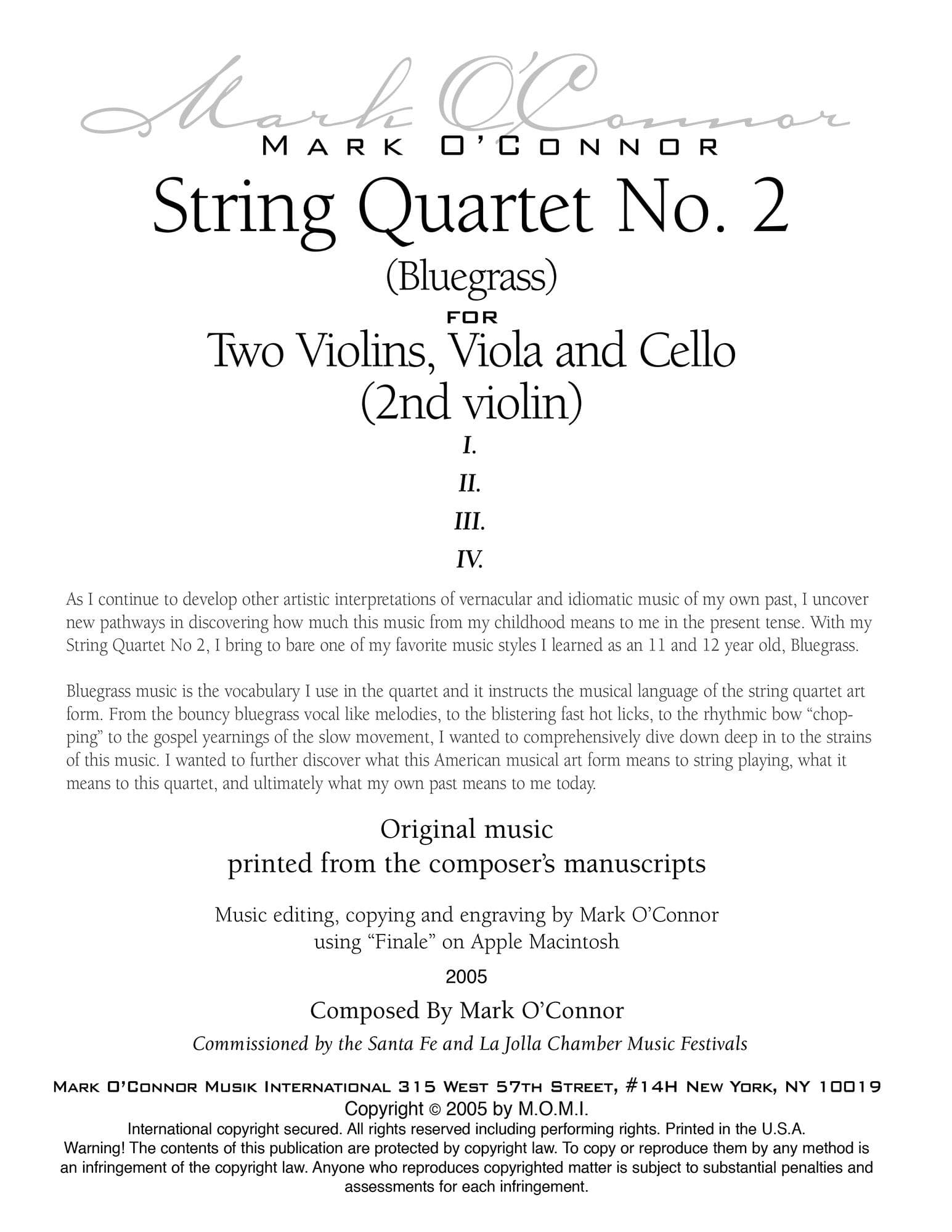 O'Connor, Mark - String Quartet No. 2 (Bluegrass) for 2 Violins, Viola, and Cello -Violin 2 - Digital Download - Image 2